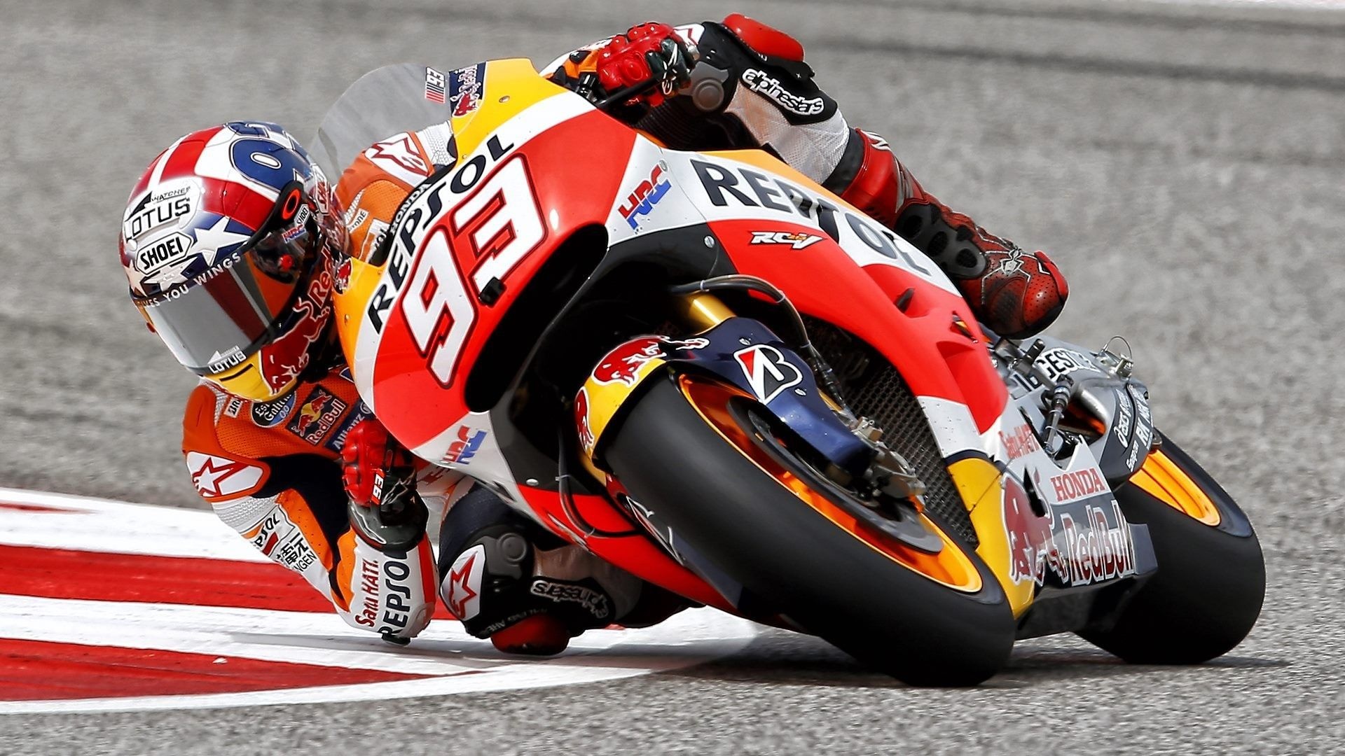 Marc Marquez number 93, Repsol Honda RC213V, MotoGP knee-down corner exit, Full HD Desktop wallpaper