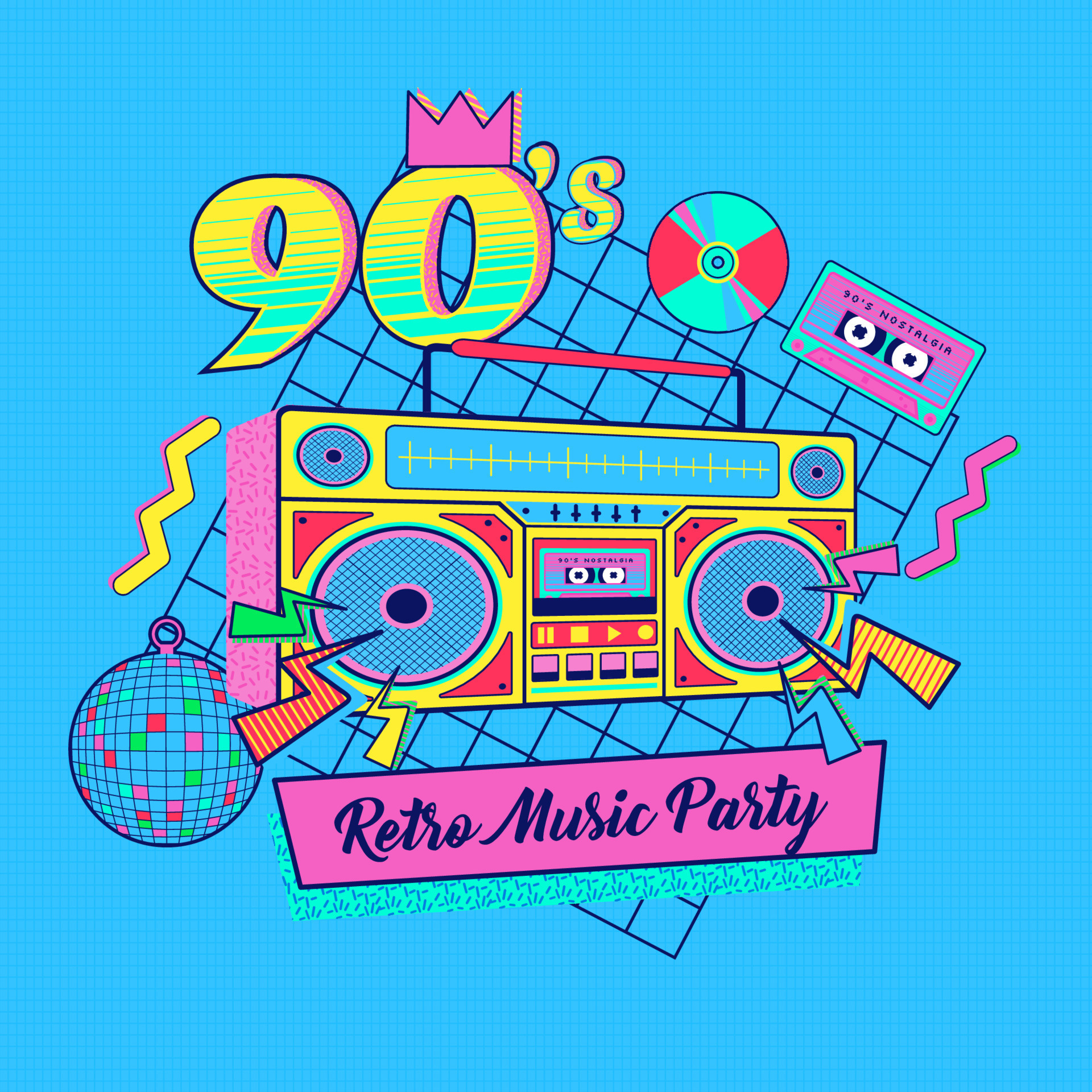 Retro boombox illustration, Retro Music Party text, Audio cassette tape, Disco ball graphic, HD Phone wallpaper