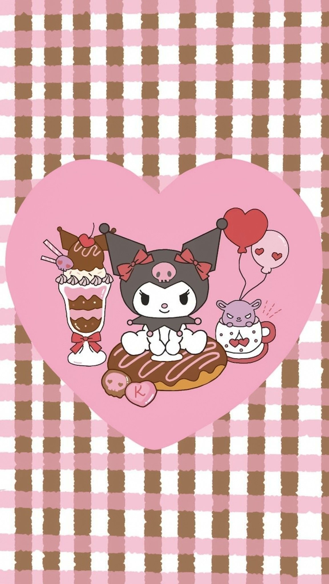 Kuromi, Baku, pink gingham pattern, HD Phone wallpaper
