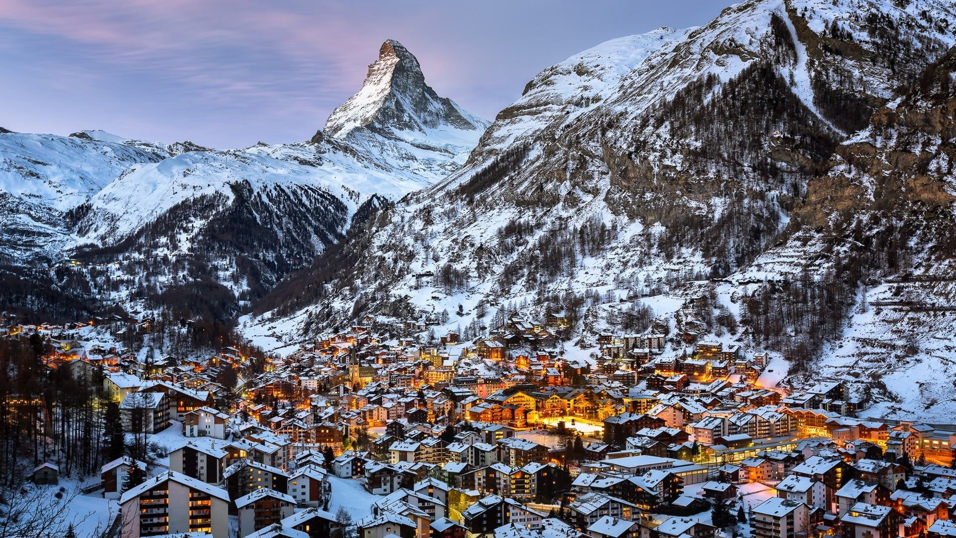 Matterhorn, Zermatt alpine village, Snow-covered Swiss Alps, Full HD Desktop wallpaper