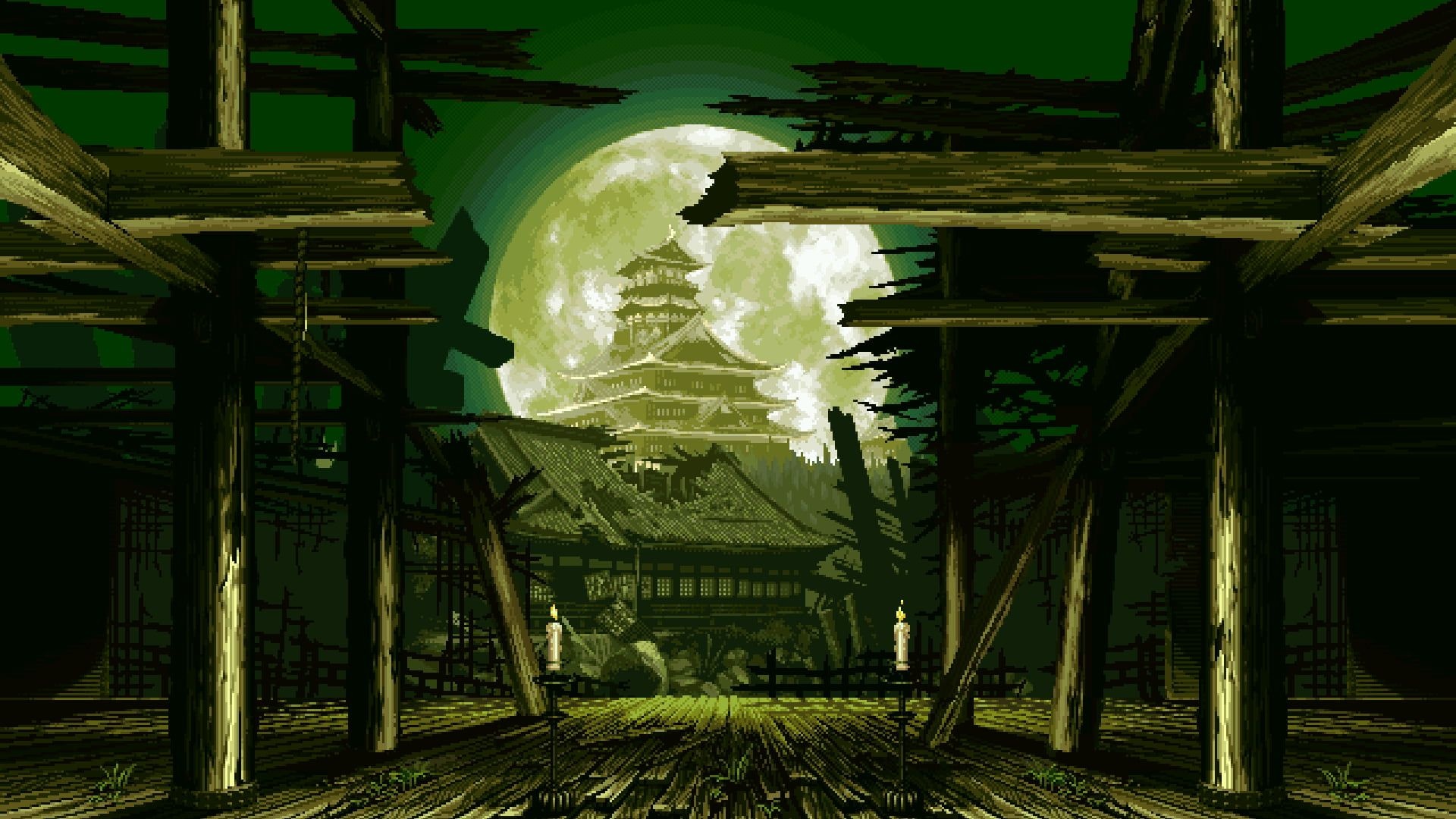 Japanese feudal castle, giant full moon, ruined wooden temple, Full HD Desktop wallpaper