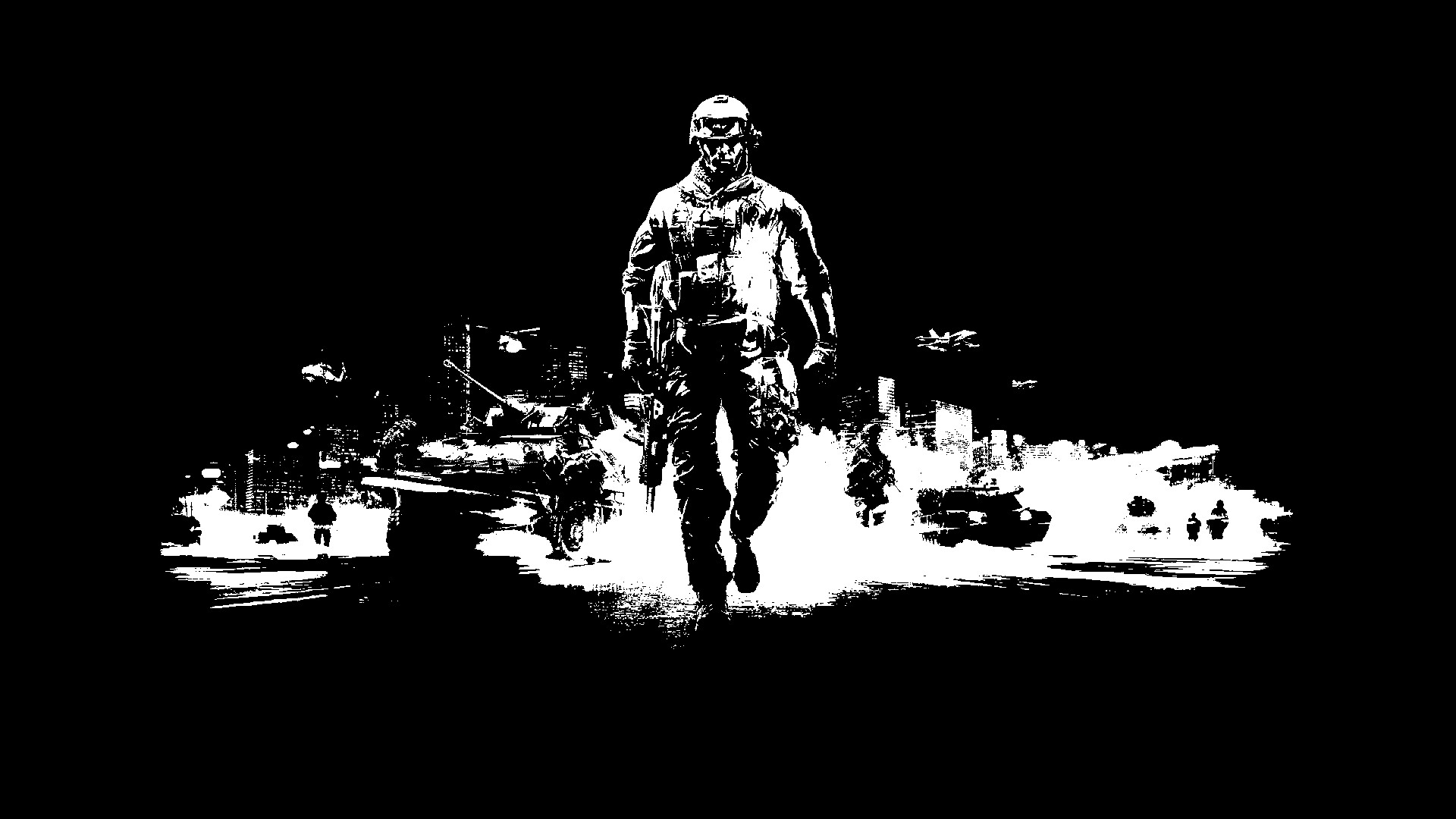 Monochrome aesthetics, Minimalistic battlefield, Subtle shades of war, Artistic depiction, 1920x1080 Full HD Desktop