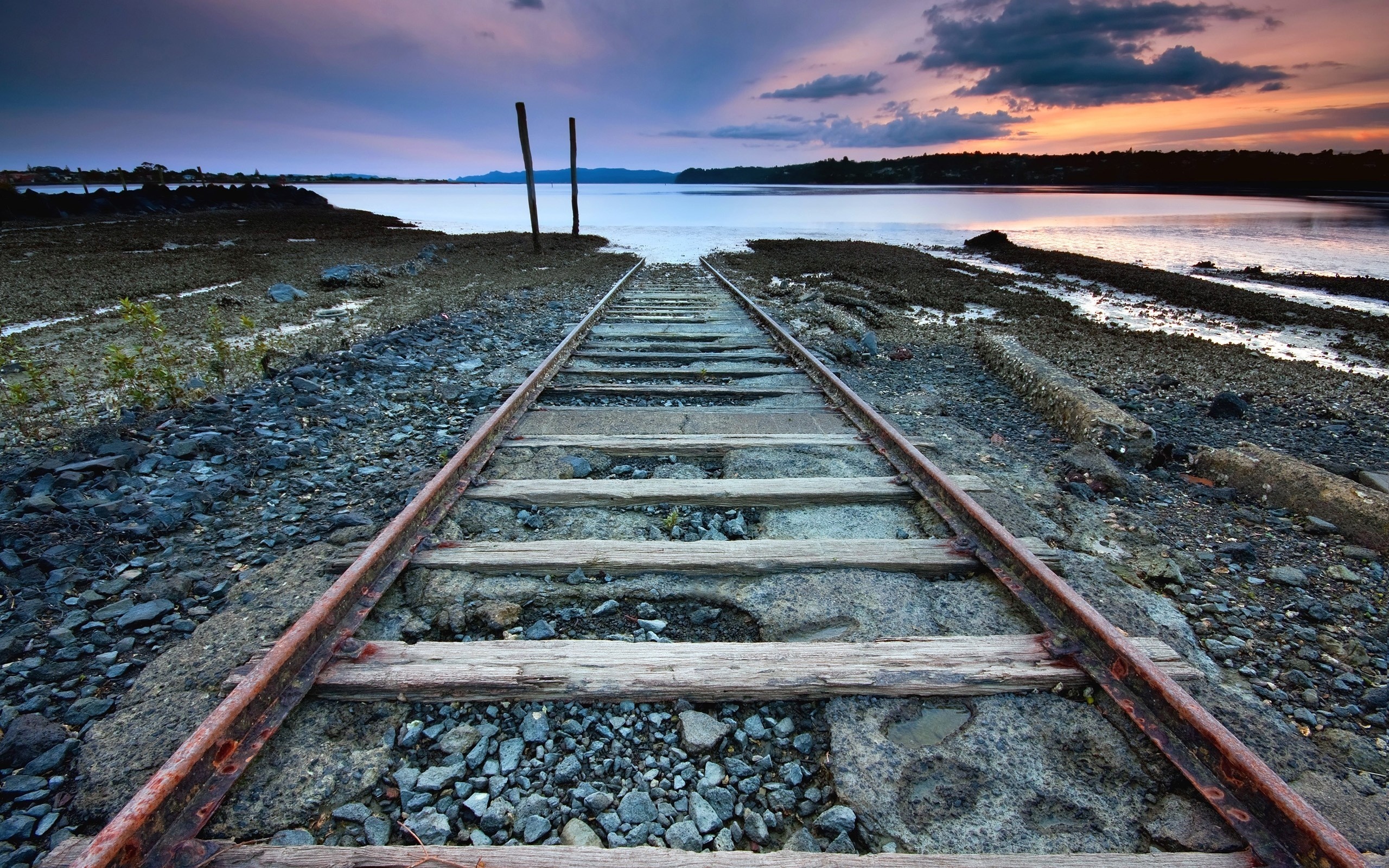 Railway coast horizon, Serene sea view, Tranquil transport, Inviting walkway, 2560x1600 HD Desktop