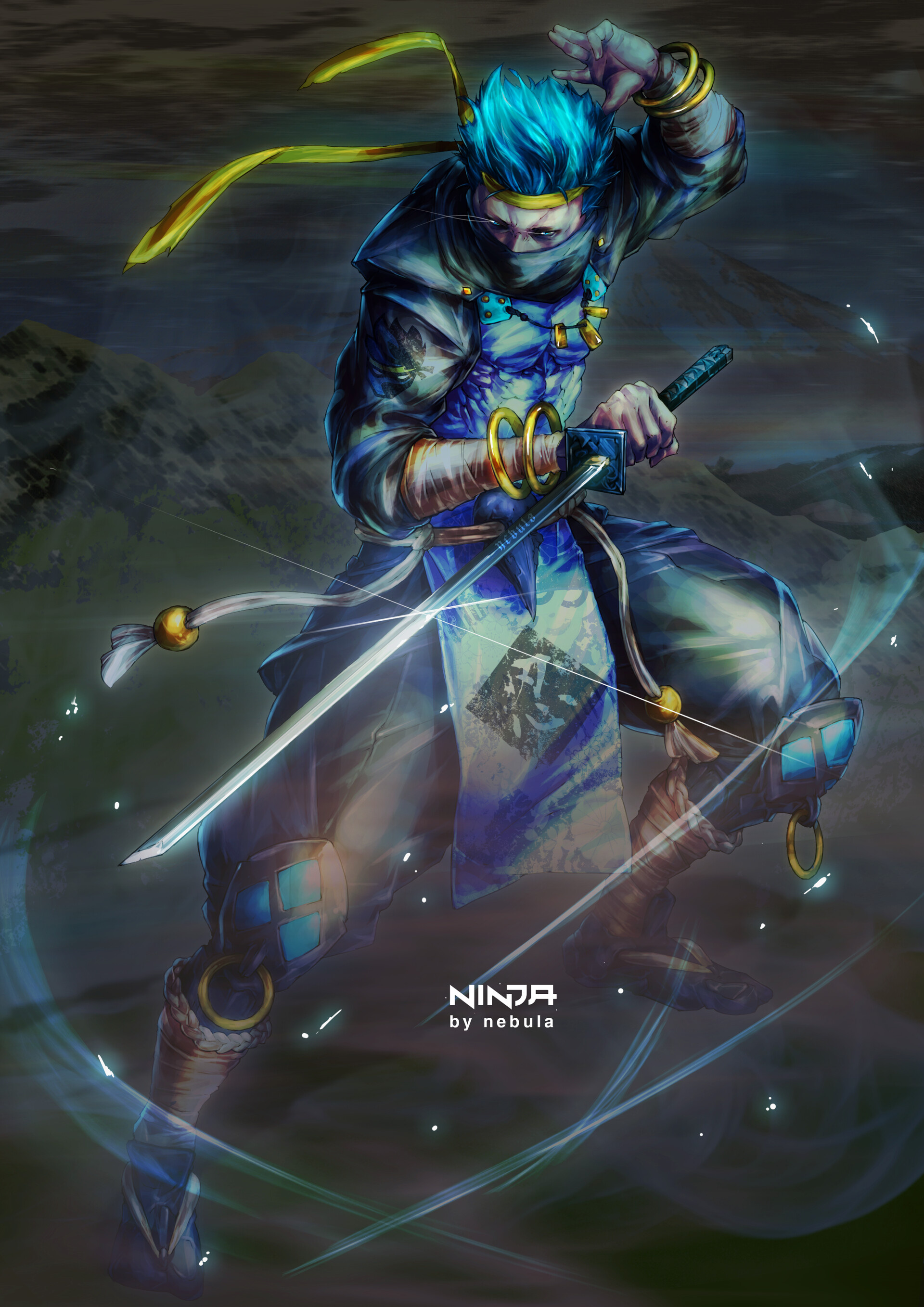 Tyler Blevins ninja character, Drawn katana blade, Yellow headband and mask, HD Phone wallpaper