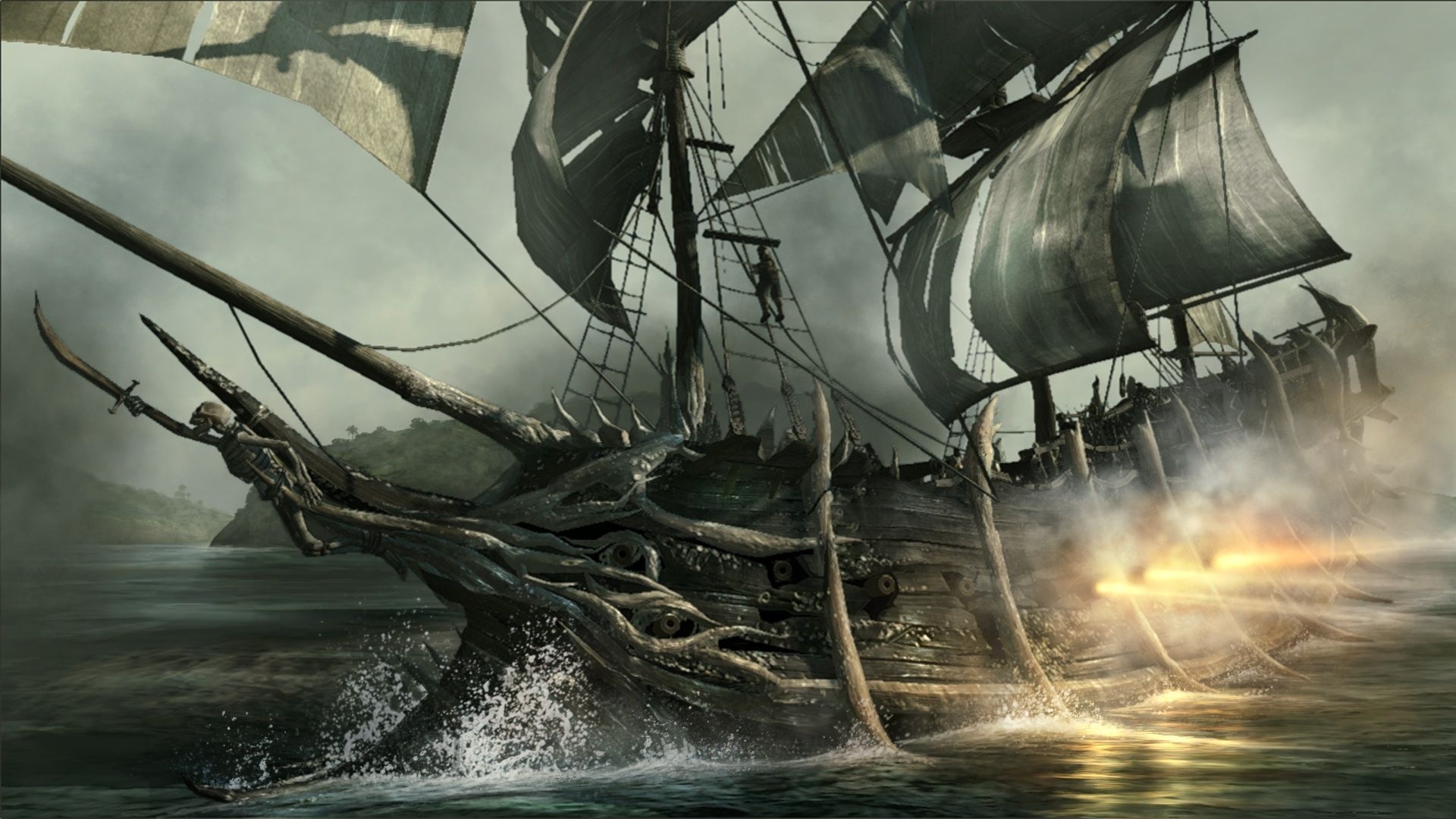 Risen 2: Dark Waters ghost ship, Skeleton figurehead with cutlass, Broadside cannon fire, Full HD Desktop wallpaper