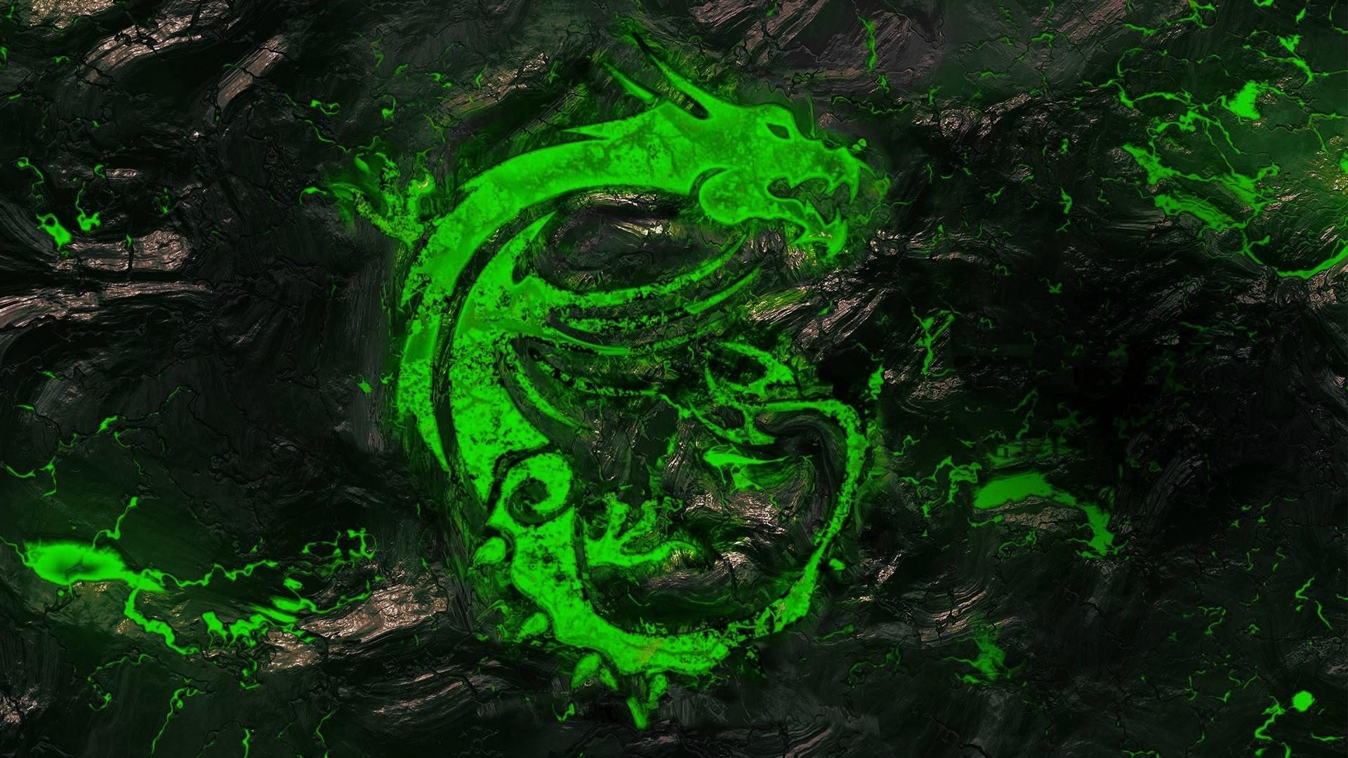 MSI dragon logo, glowing green fissures, cracked black stone texture, Full HD Desktop wallpaper