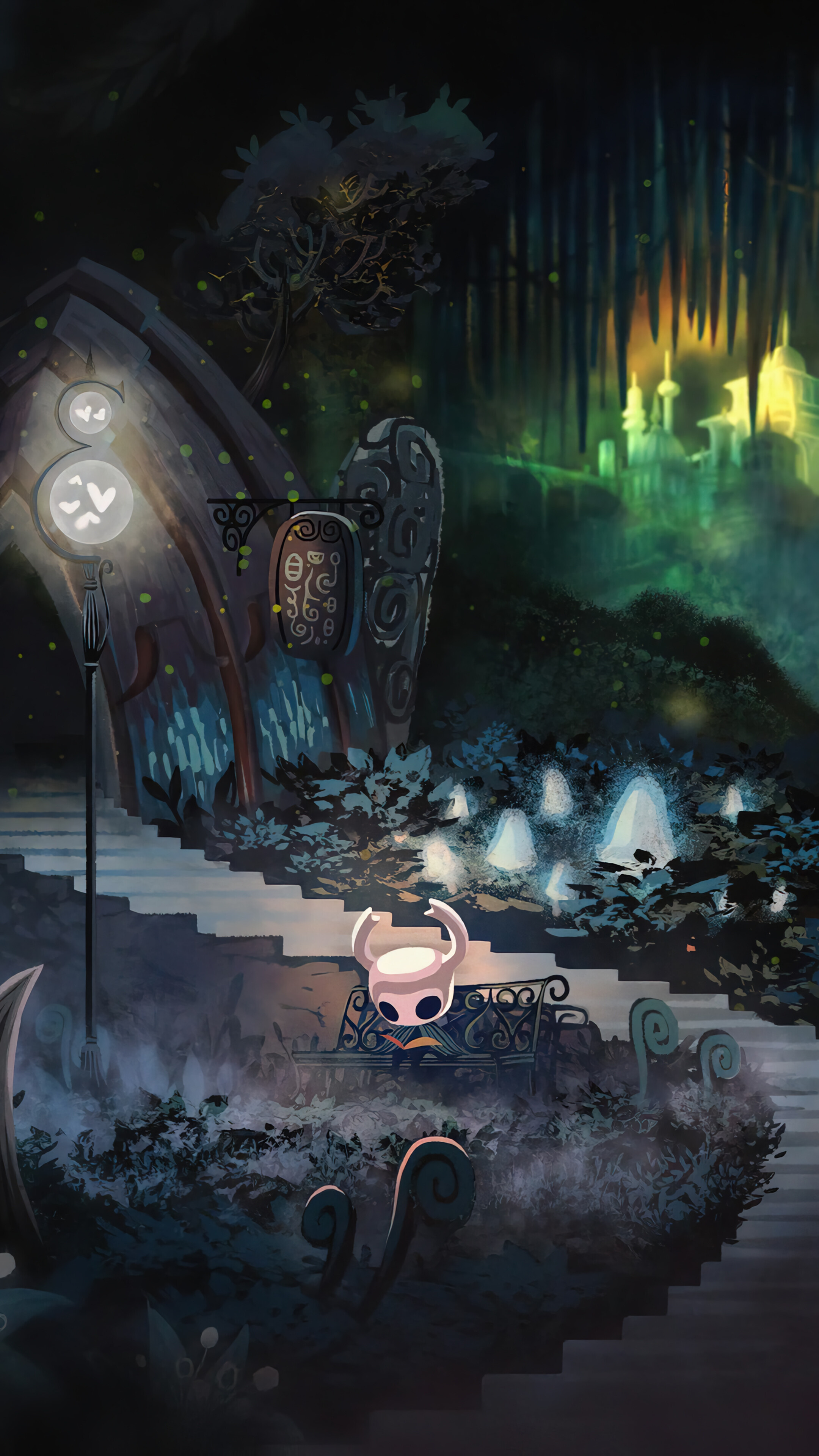 The Knight, Hollow Knight bench, lumafly street lamp, 4K Phone wallpaper