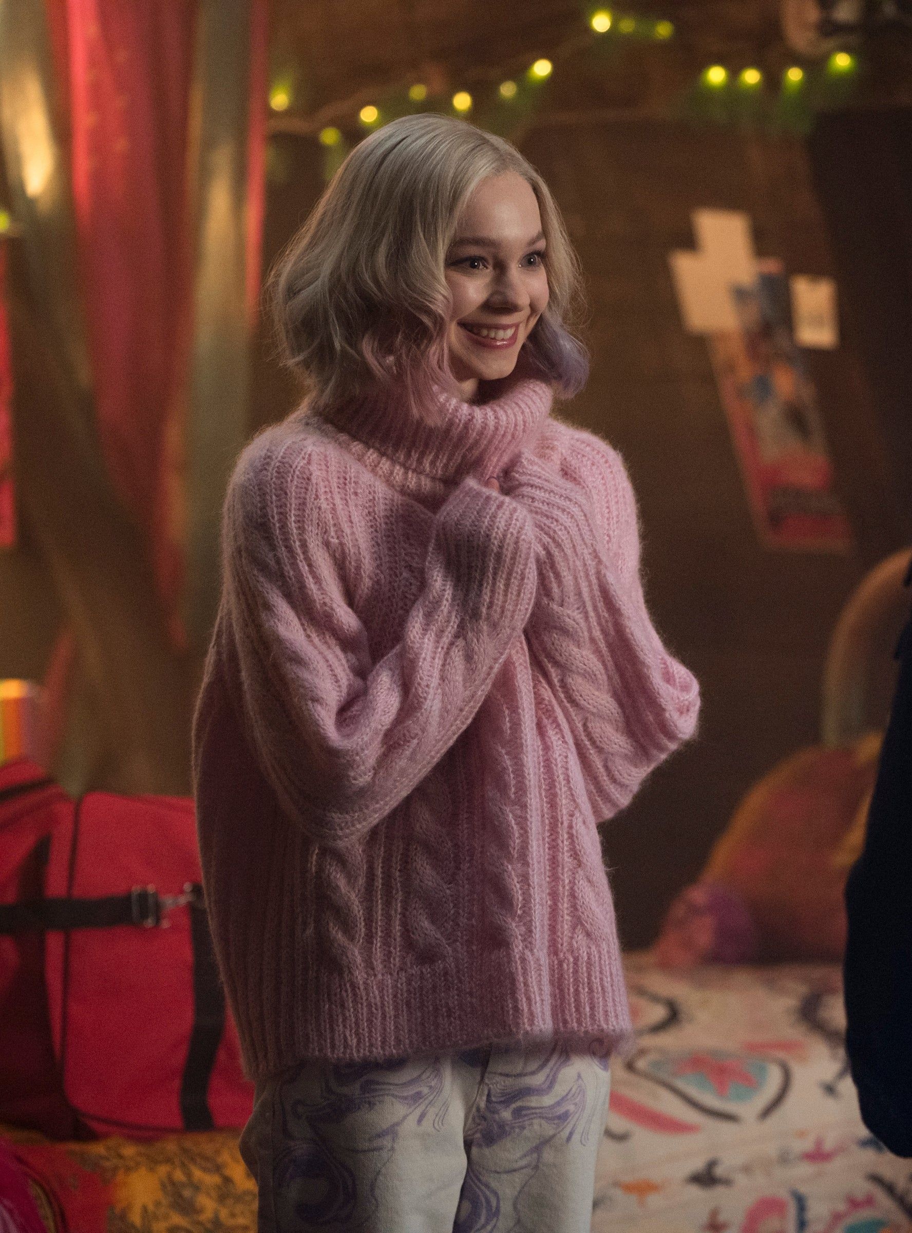 Emma Myers as Enid Sinclair, Pink cable knit turtleneck, Fairy-lit dorm bedroom, HD Phone wallpaper