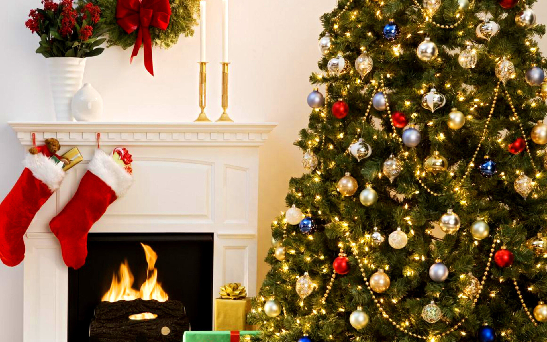 Holiday fireplace wallpaper, Widescreen desktop, Full HD, Festive home decor, 1920x1200 HD Desktop