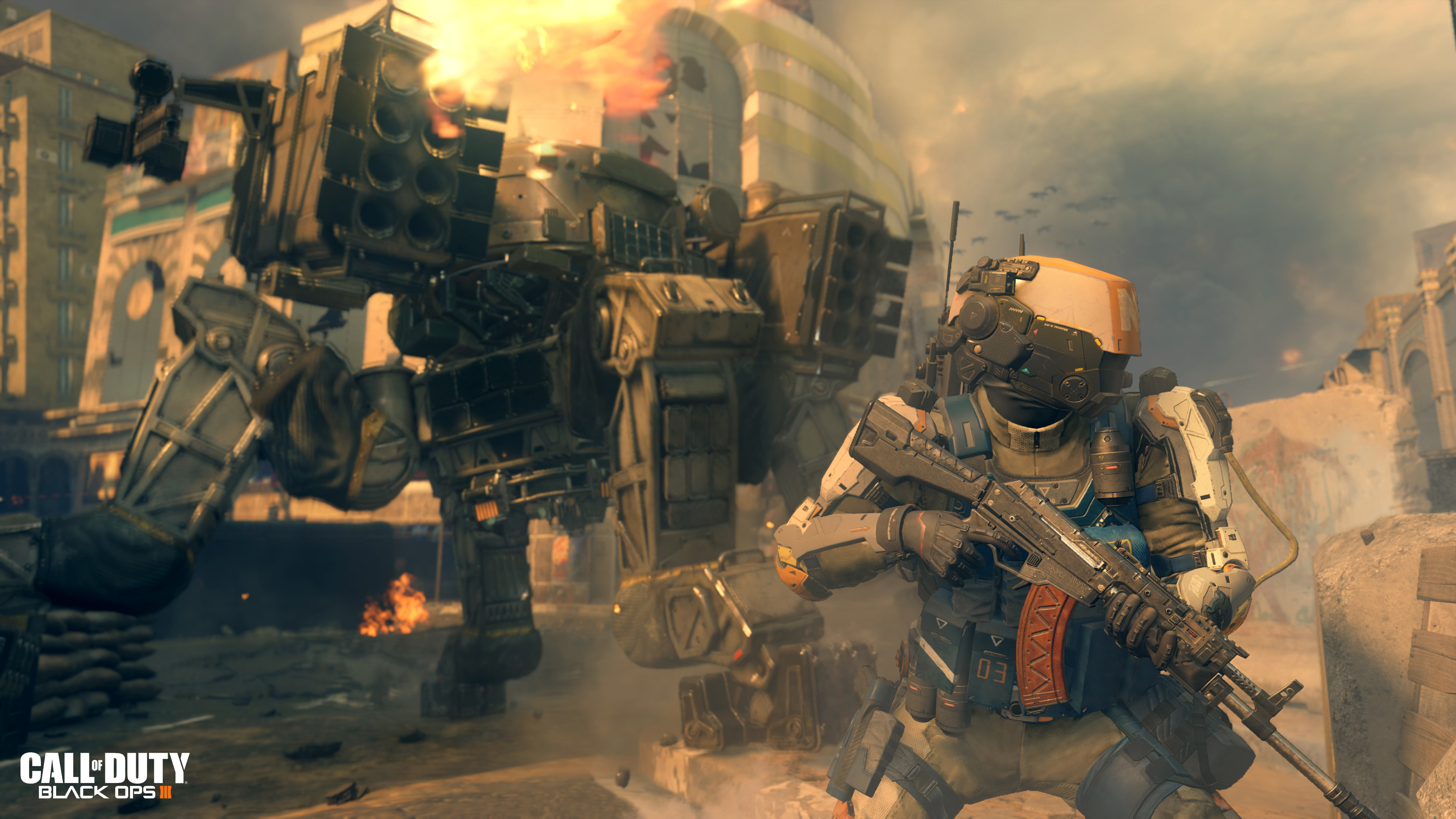 Call of Duty: Black Ops III soldier, Combat mech walker, Call of Duty: Black Ops III logo, 4K Desktop wallpaper