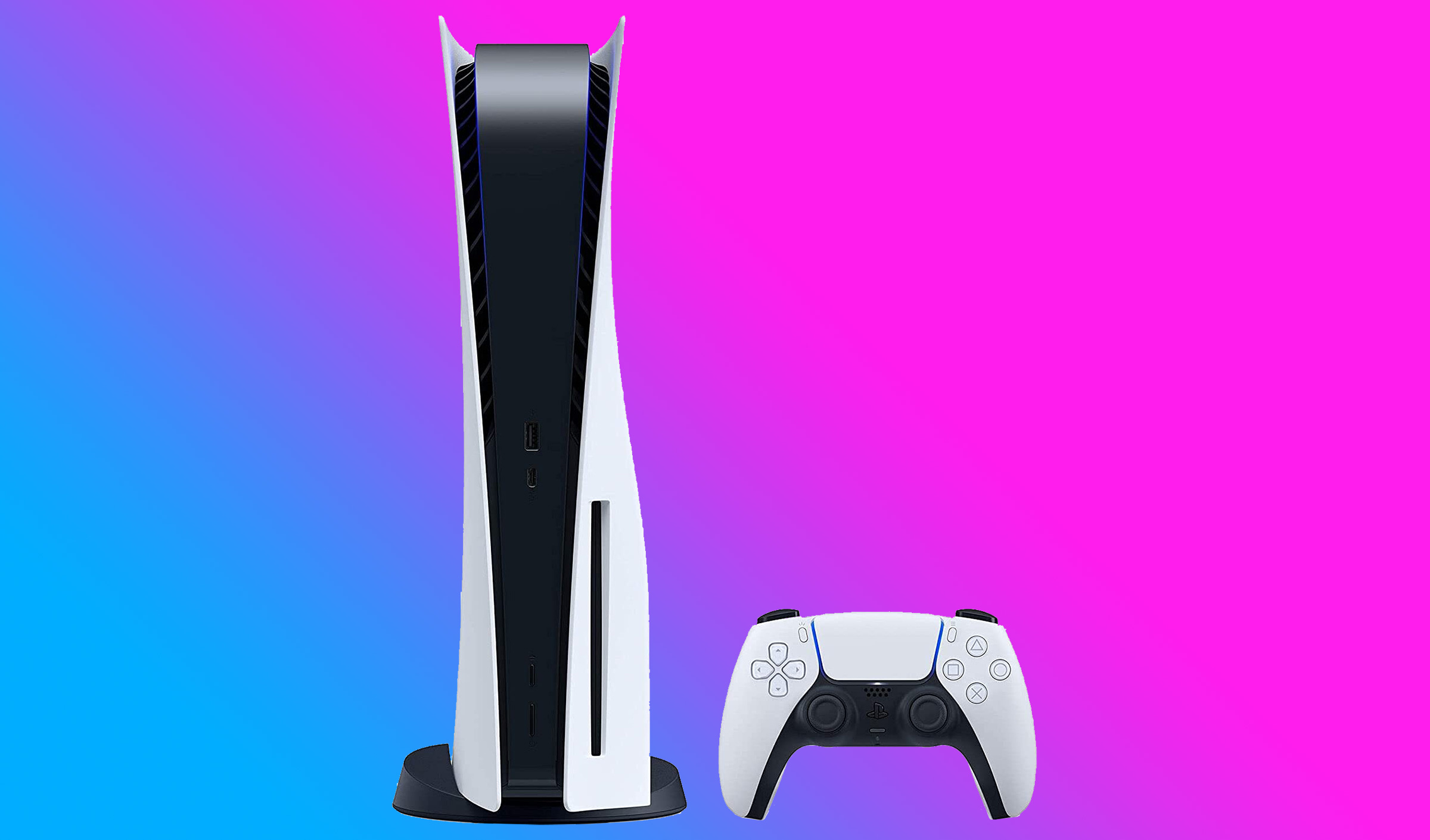 PlayStation 5 console, DualSense wireless controller, Blue to magenta gradient backdrop, HD Desktop wallpaper