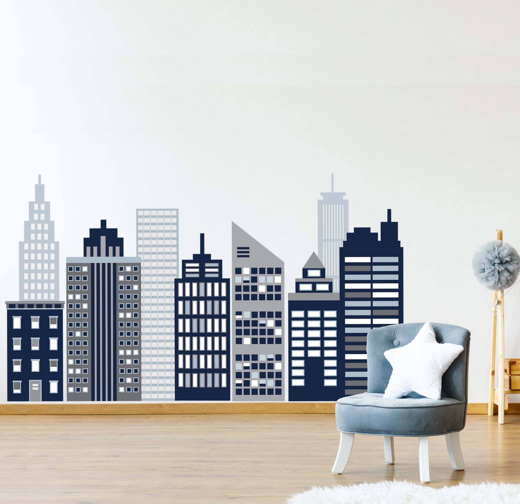 Skyline Mural, Large navy cityscape, City skyline wall, Pastel walls, 2200x2140 HD Desktop