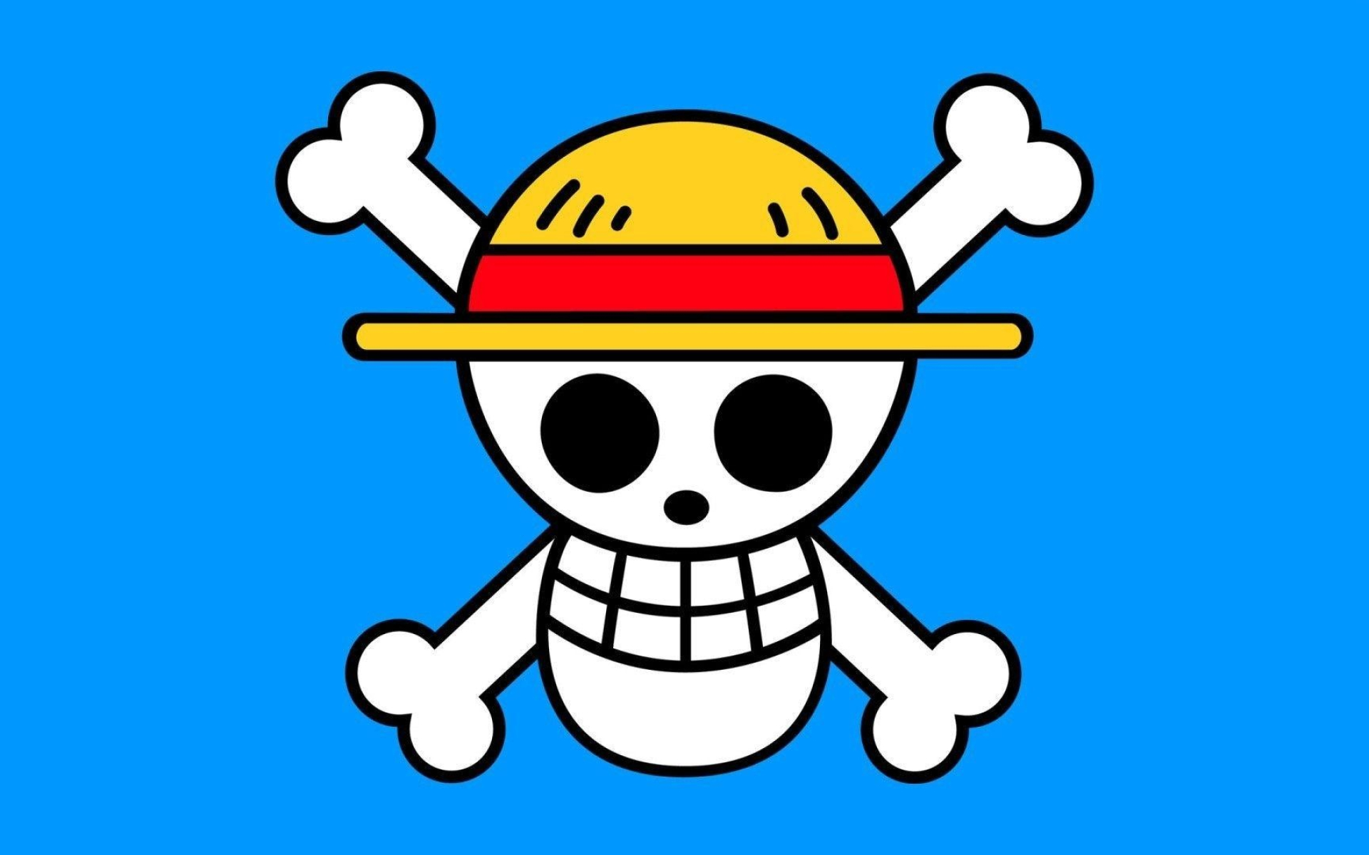 Straw Hat Pirates Jolly Roger, Luffy's straw hat, solid blue background, HD Desktop wallpaper