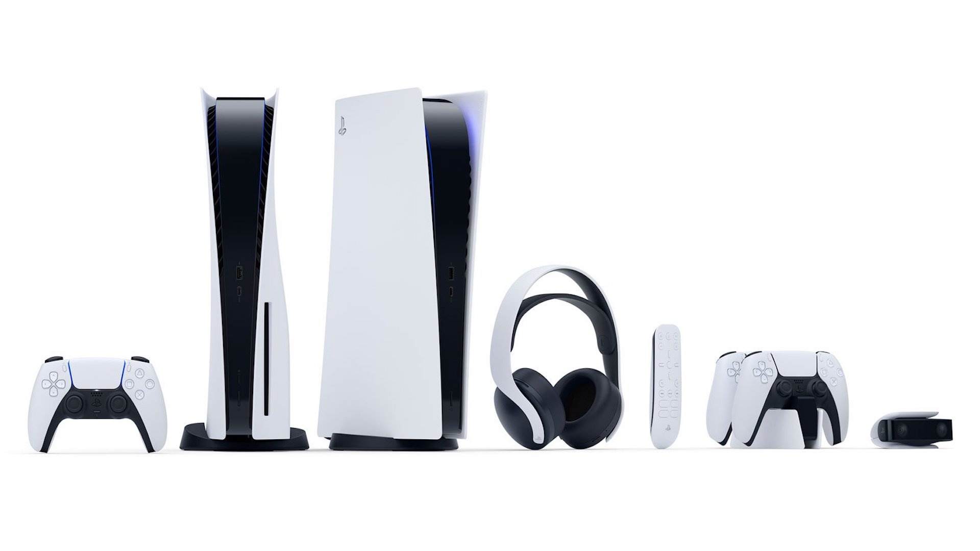 PlayStation 5 console lineup, DualSense wireless controller, Pulse 3D wireless headset, PS5 Media Remote, PS5 HD Camera, Full HD Desktop wallpaper