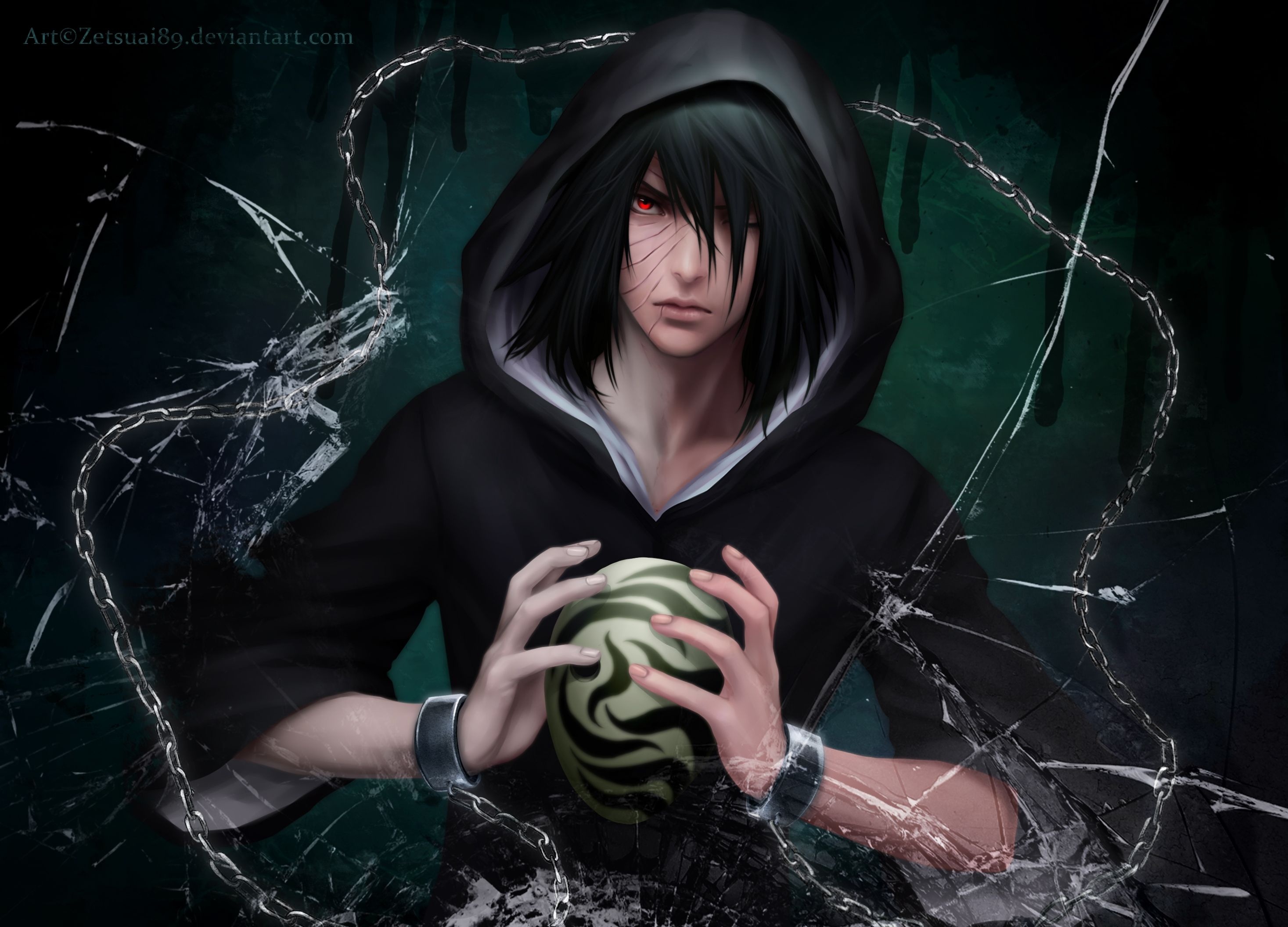 Obito Uchiha, Tobi spiral mask, broken glass and chains, HD Desktop wallpaper