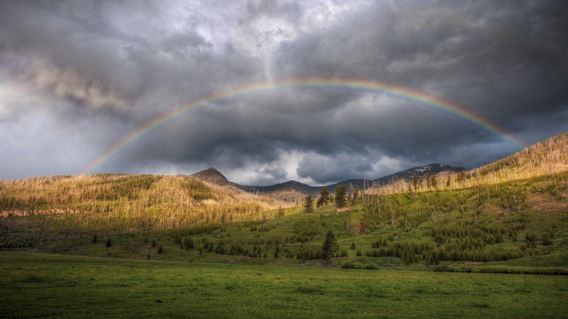 Full arch rainbow, Dark storm clouds, Green mountain meadow, Full HD Desktop wallpaper