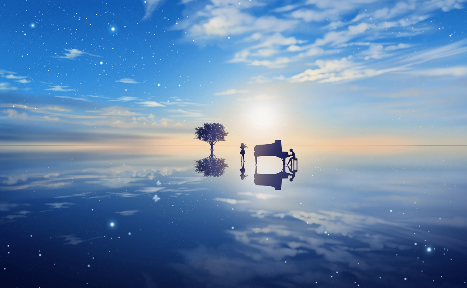 Kaori Miyazono silhouette, Kousei Arima at piano, Reflective sky water mirror, HD Desktop wallpaper