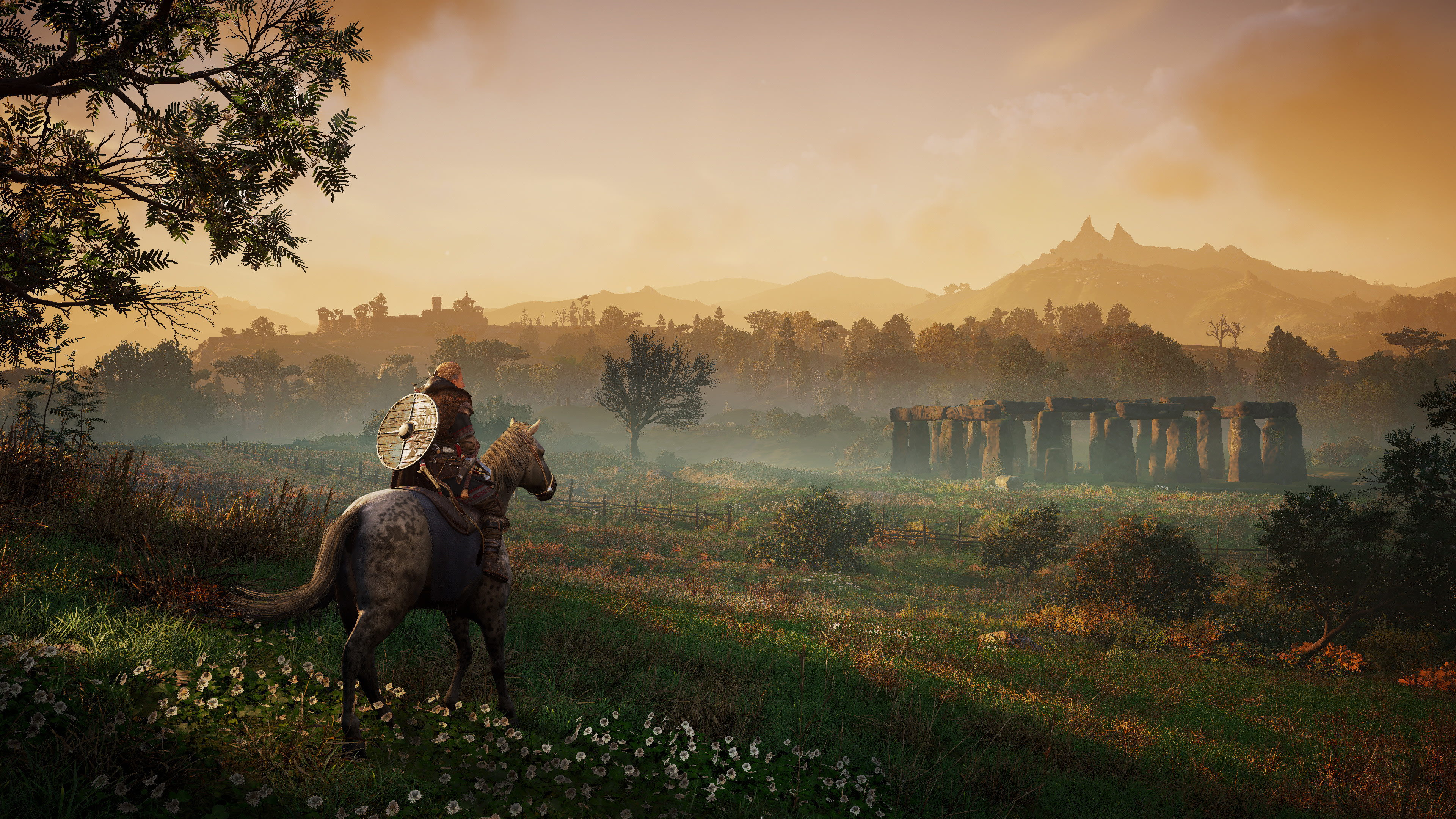Eivor on horseback, Stonehenge stone circle, Assassin's Creed Valhalla, 4K Desktop wallpaper