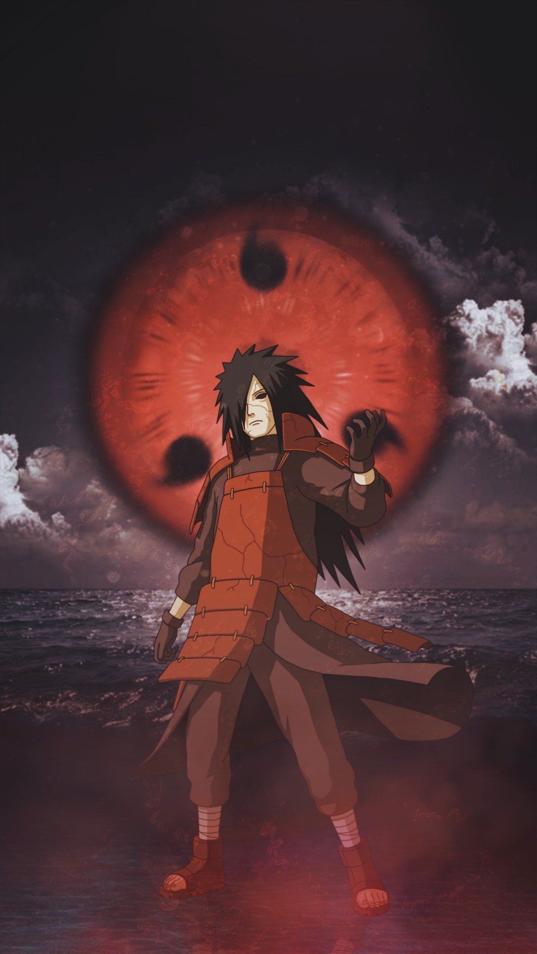 Madara Uchiha, Three-tomoe Sharingan eye, Dark stormy ocean, Full HD Phone wallpaper