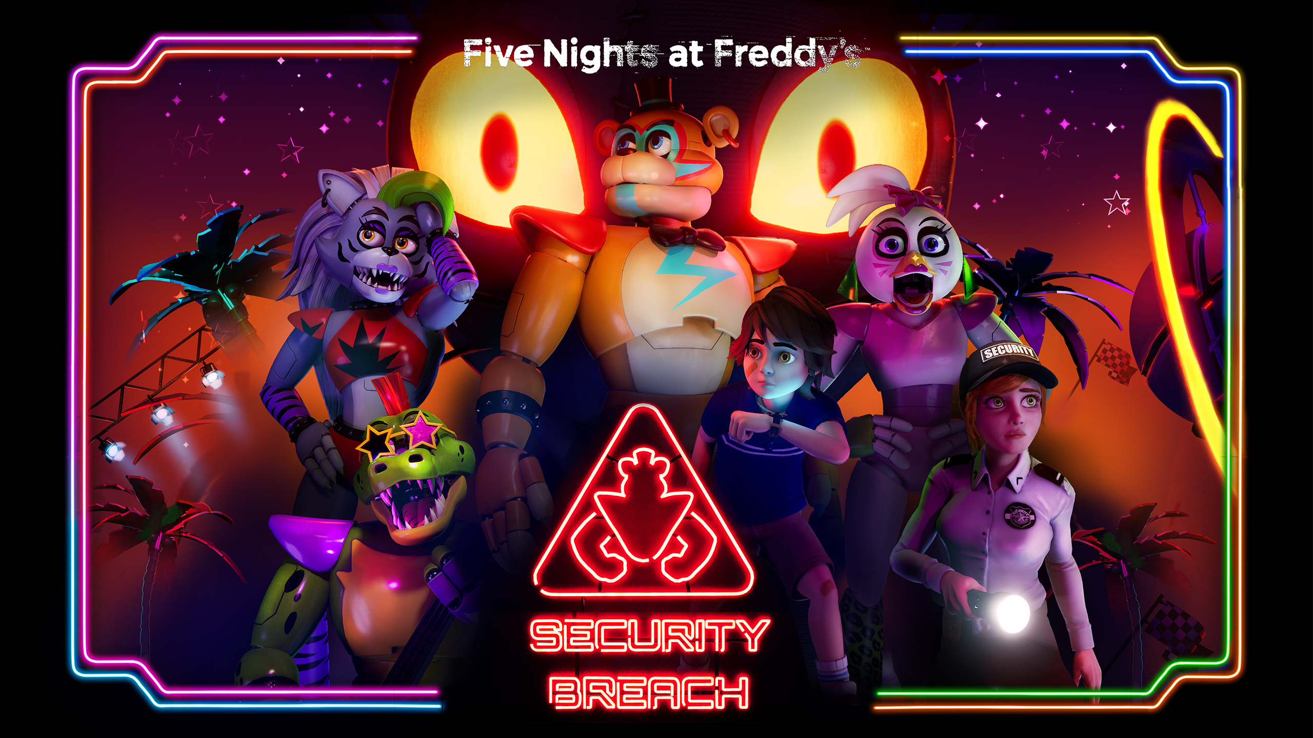 Glamrock Freddy, Gregory and Vanessa, Montgomery Gator and Roxanne Wolf, Glamrock Chica, Five Nights at Freddy's: Security Breach neon sign, HD Desktop wallpaper