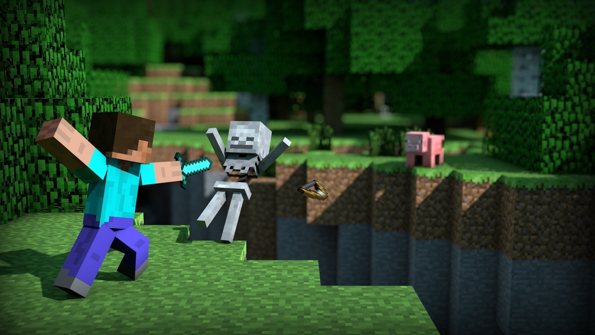 Steve with diamond sword, Minecraft Skeleton mob, Minecraft forest biome, Full HD Desktop wallpaper