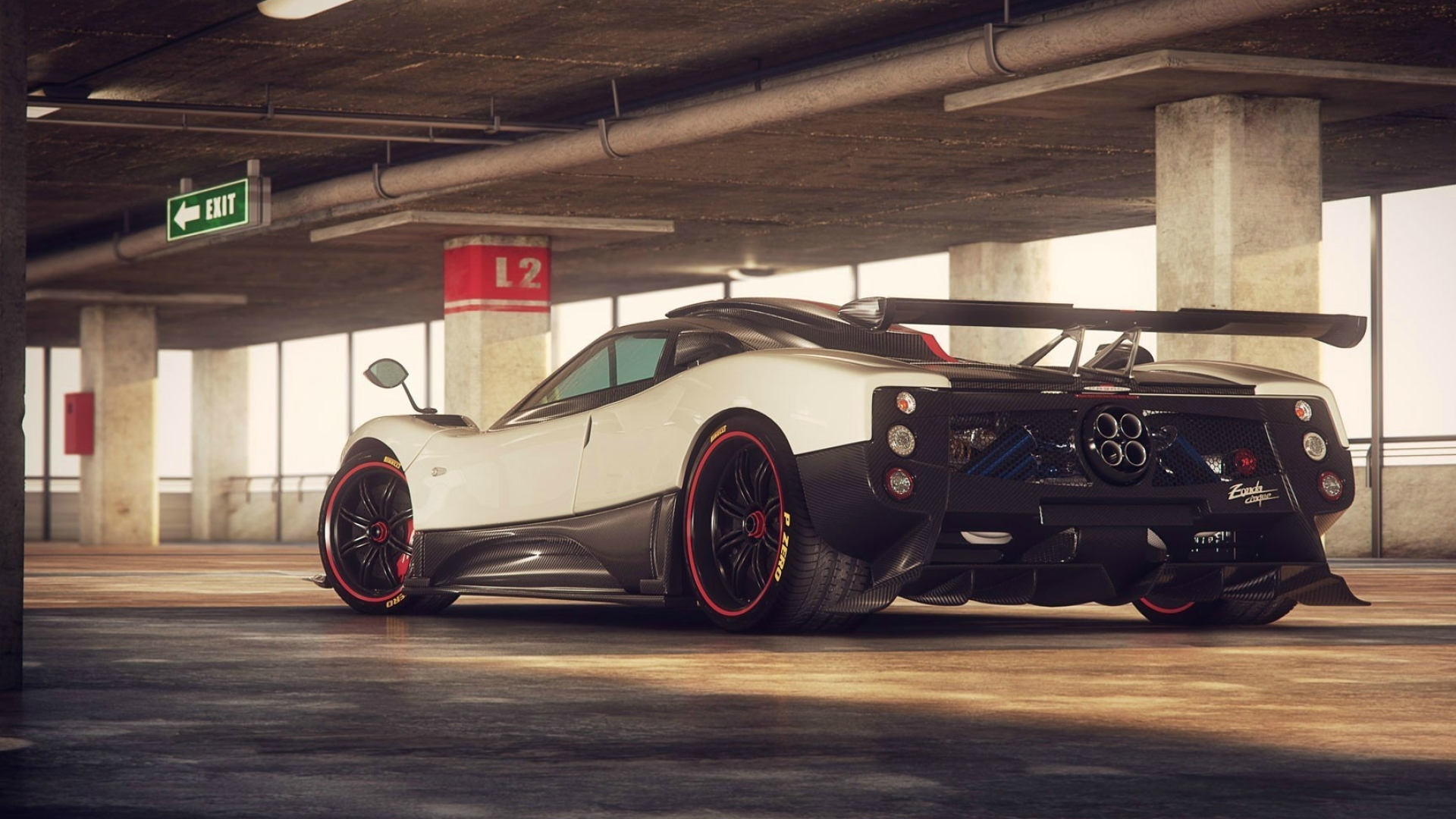 Pagani Zonda Cinque, concrete parking garage, green EXIT sign, Full HD Desktop wallpaper