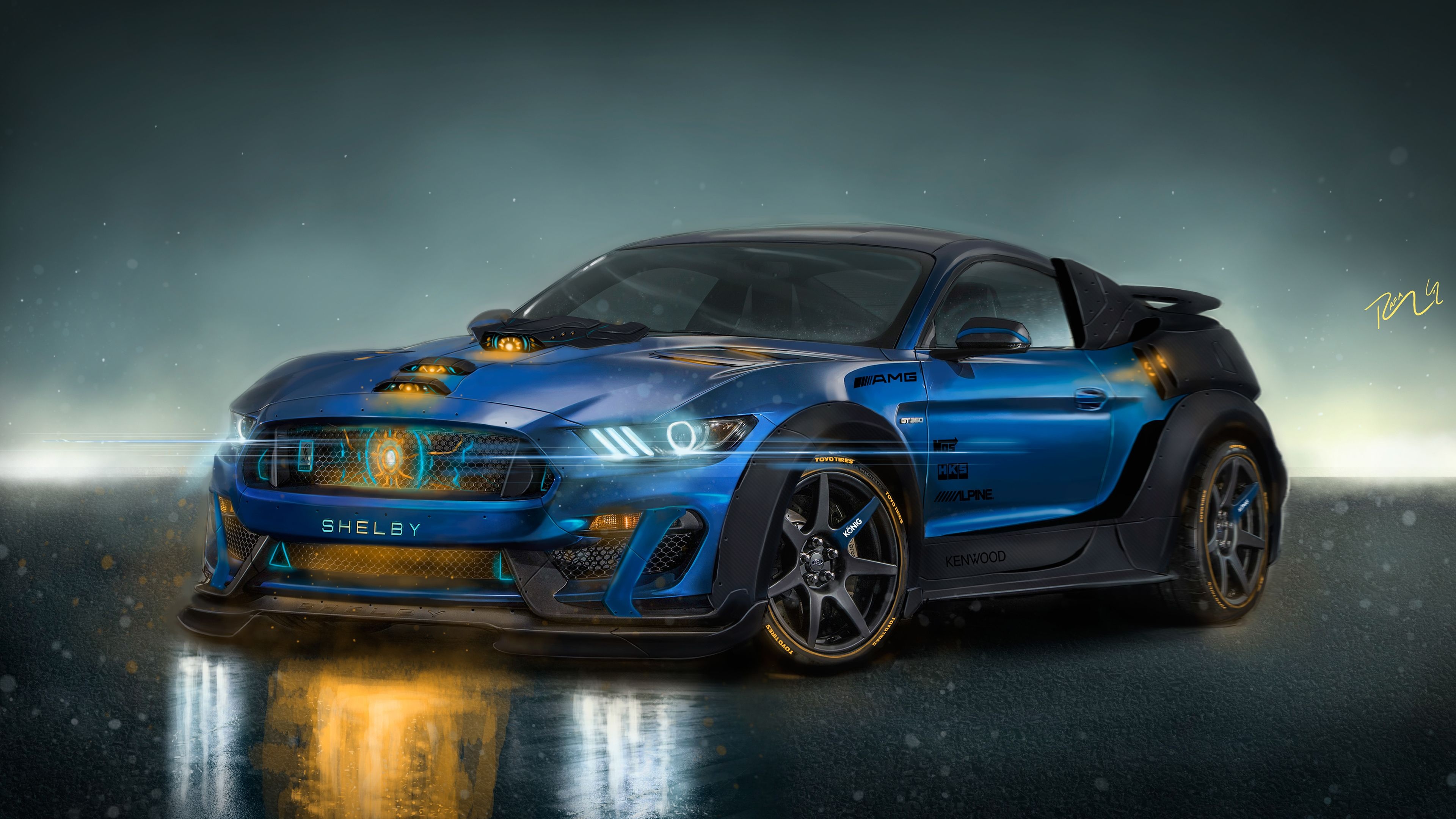 modified Ford Mustang Shelby, glowing grille arc reactor, wet asphalt reflections, 4K Desktop wallpaper
