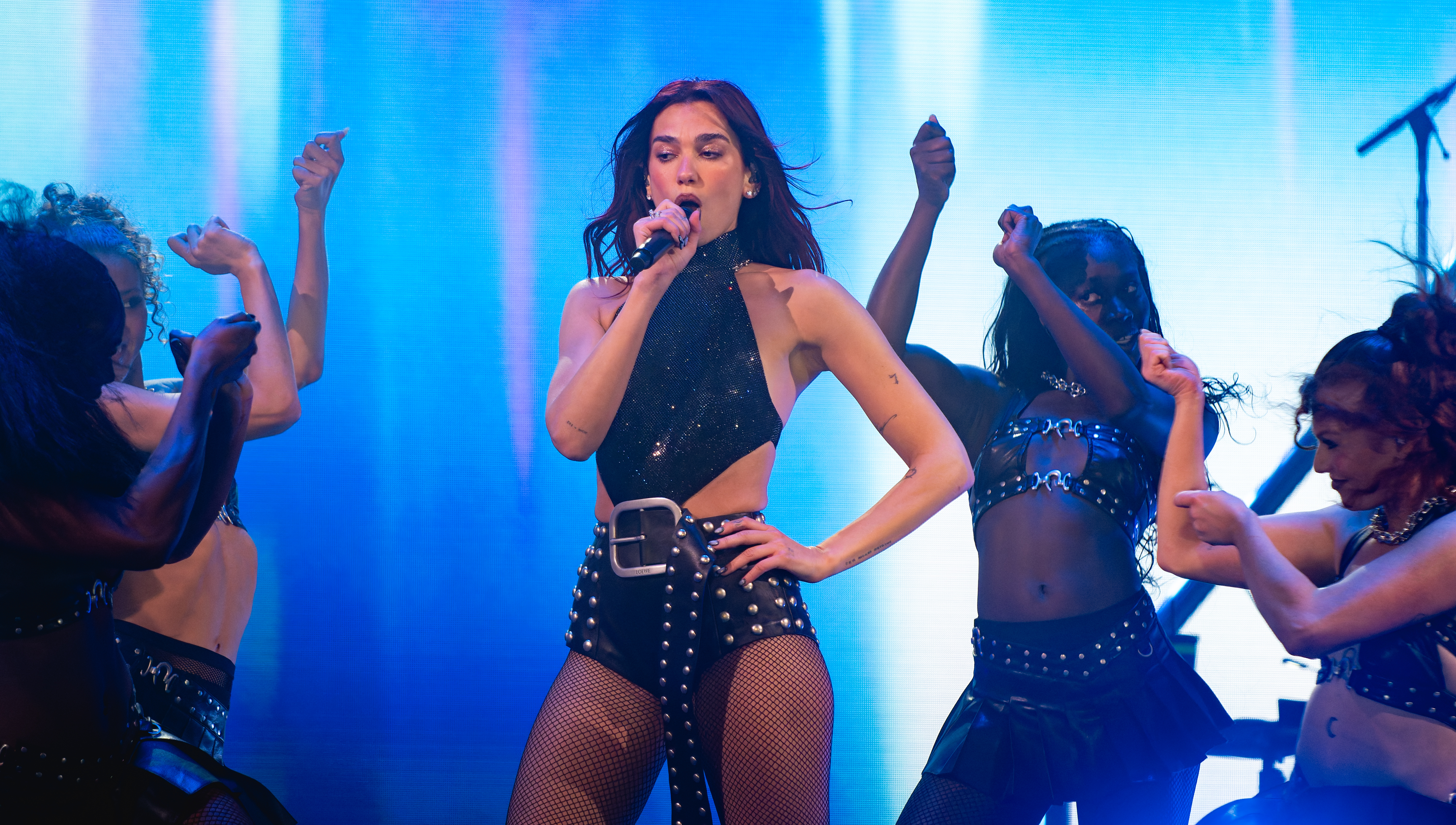 Dua Lipa, Glastonbury 2024, Pyramid Stage headline set, Studded black bodysuit, Crimson red hair, 4K Desktop wallpaper