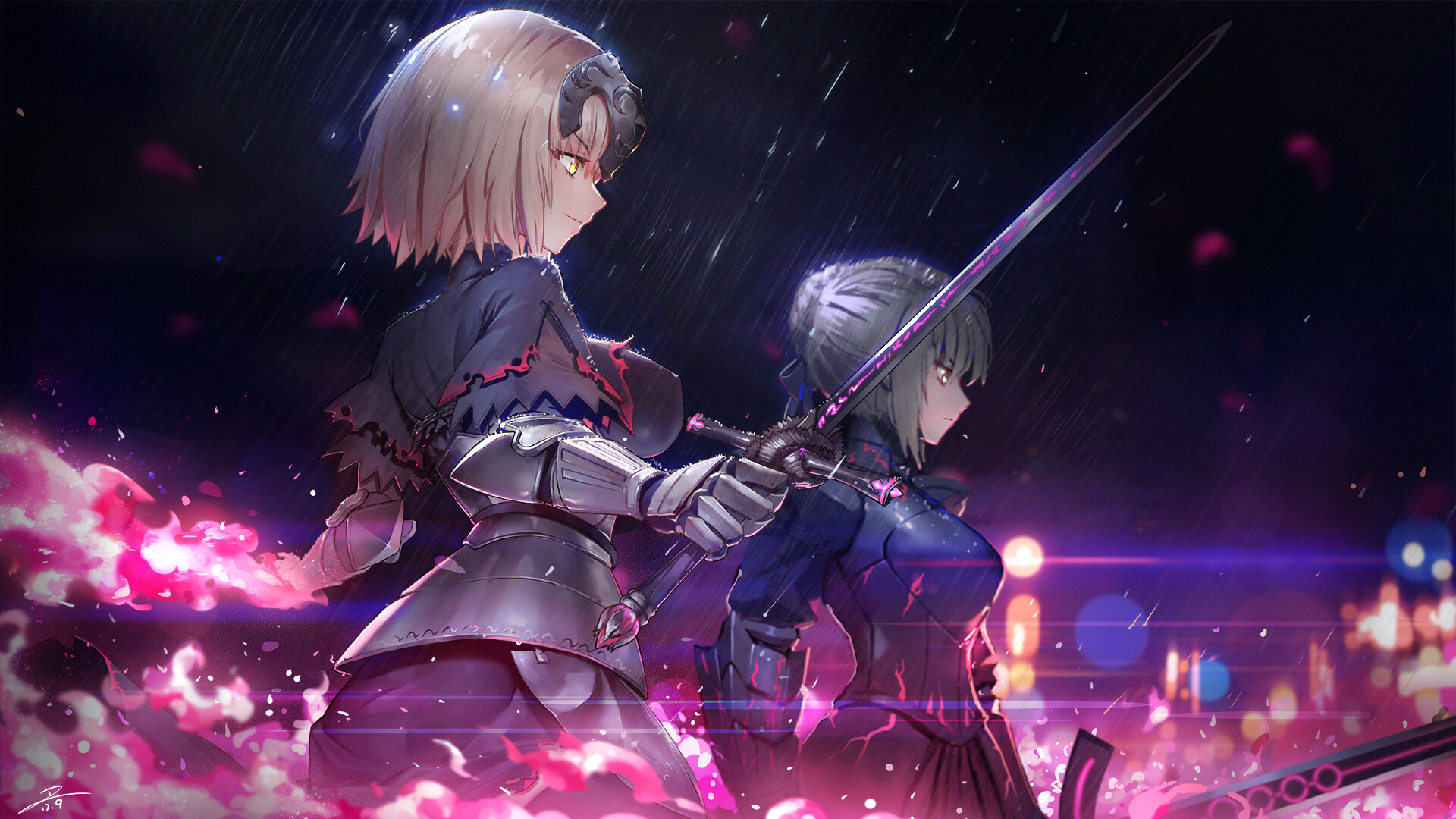 Fate series, Rain, Saber Alter, Yellow eyes, 1920x1080 Full HD Desktop