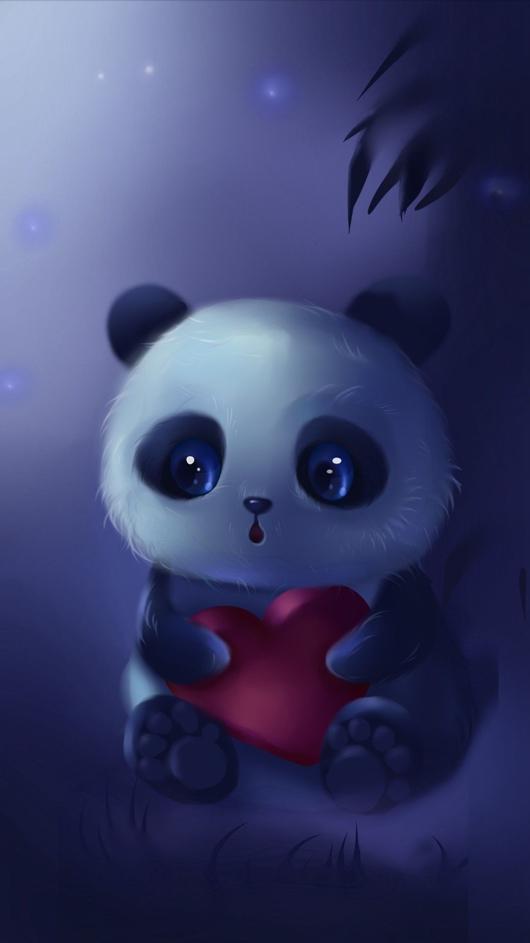 Cartoon baby panda, Glowing red heart, Dark purple night ambiance, Full HD Phone wallpaper