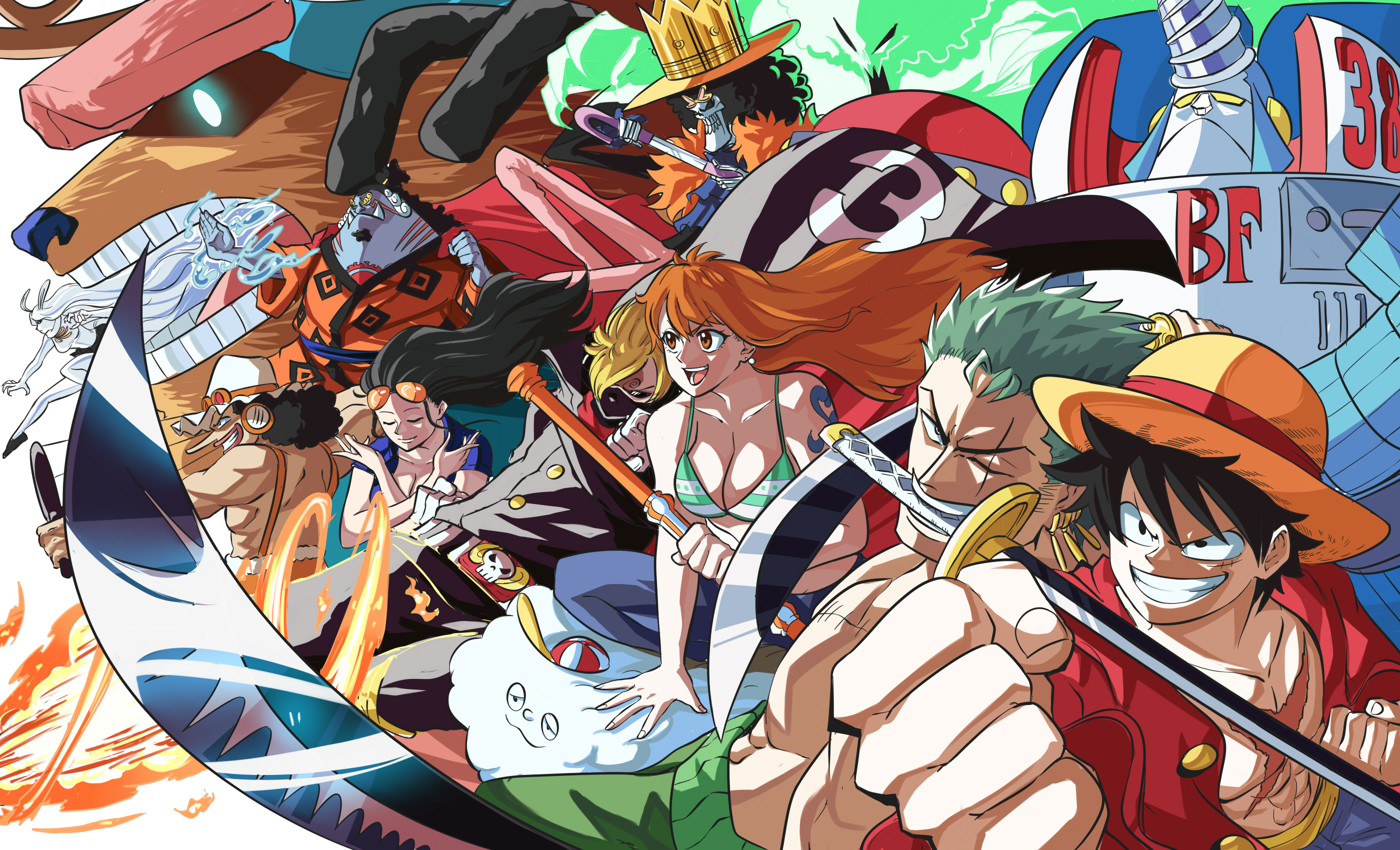 Nami, Monkey D. Luffy, Roronoa Zoro, Straw Hat Pirates, Zeus, HD Desktop wallpaper