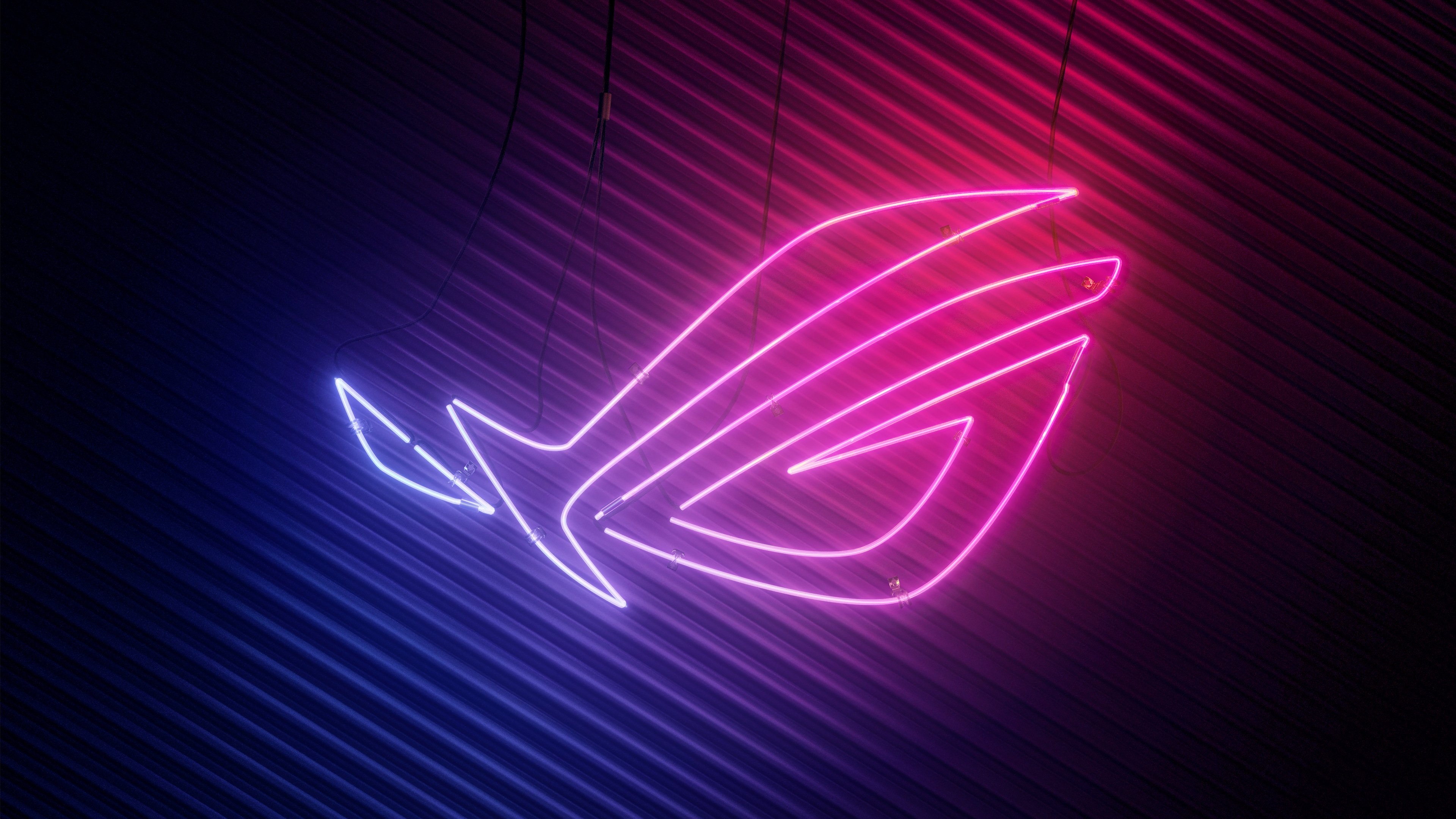 ASUS Republic of Gamers neon sign, Blue to magenta neon gradient, Ribbed slat wall, 4K Desktop wallpaper