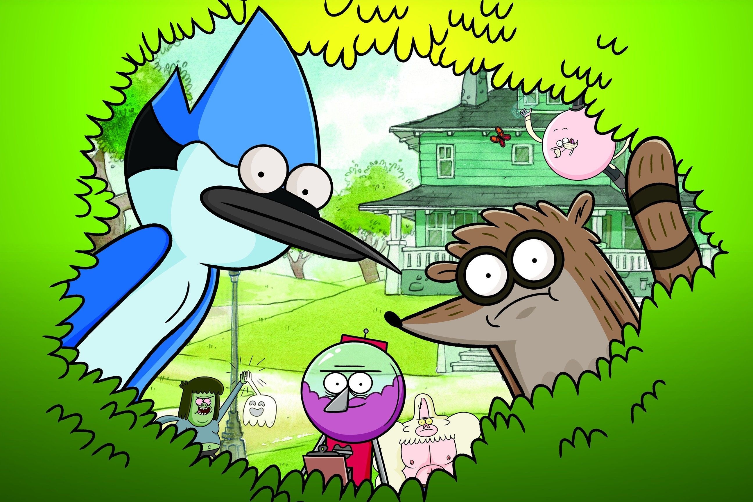 Mordecai peeking through bushes, Rigby peeking through bushes, Benson gumball machine, Green park house, Regular Show, HD Desktop wallpaper