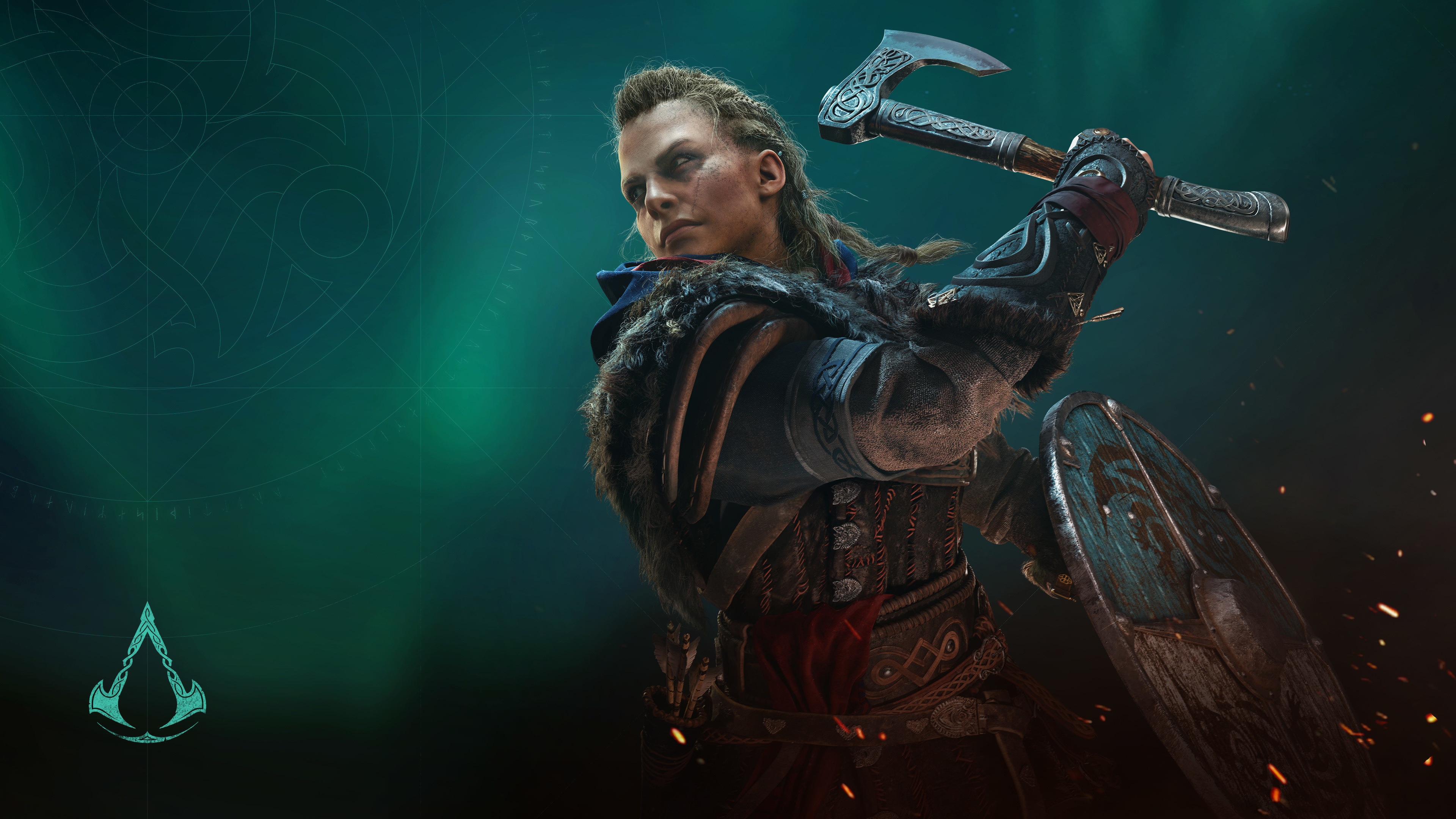 Eivor Varinsdottir, Assassin's Creed Valhalla logo, Engraved Viking battle axe, 4K Desktop wallpaper