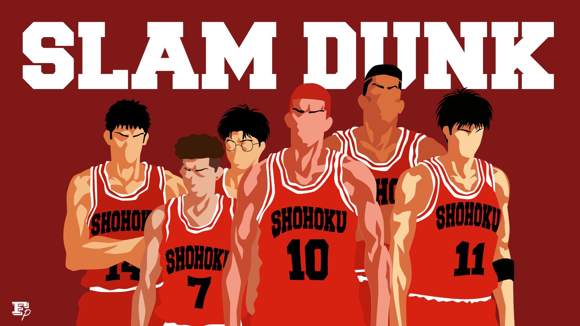 Hanamichi Sakuragi, Kaede Rukawa, Shohoku basketball team, SLAM DUNK text, Full HD Desktop wallpaper