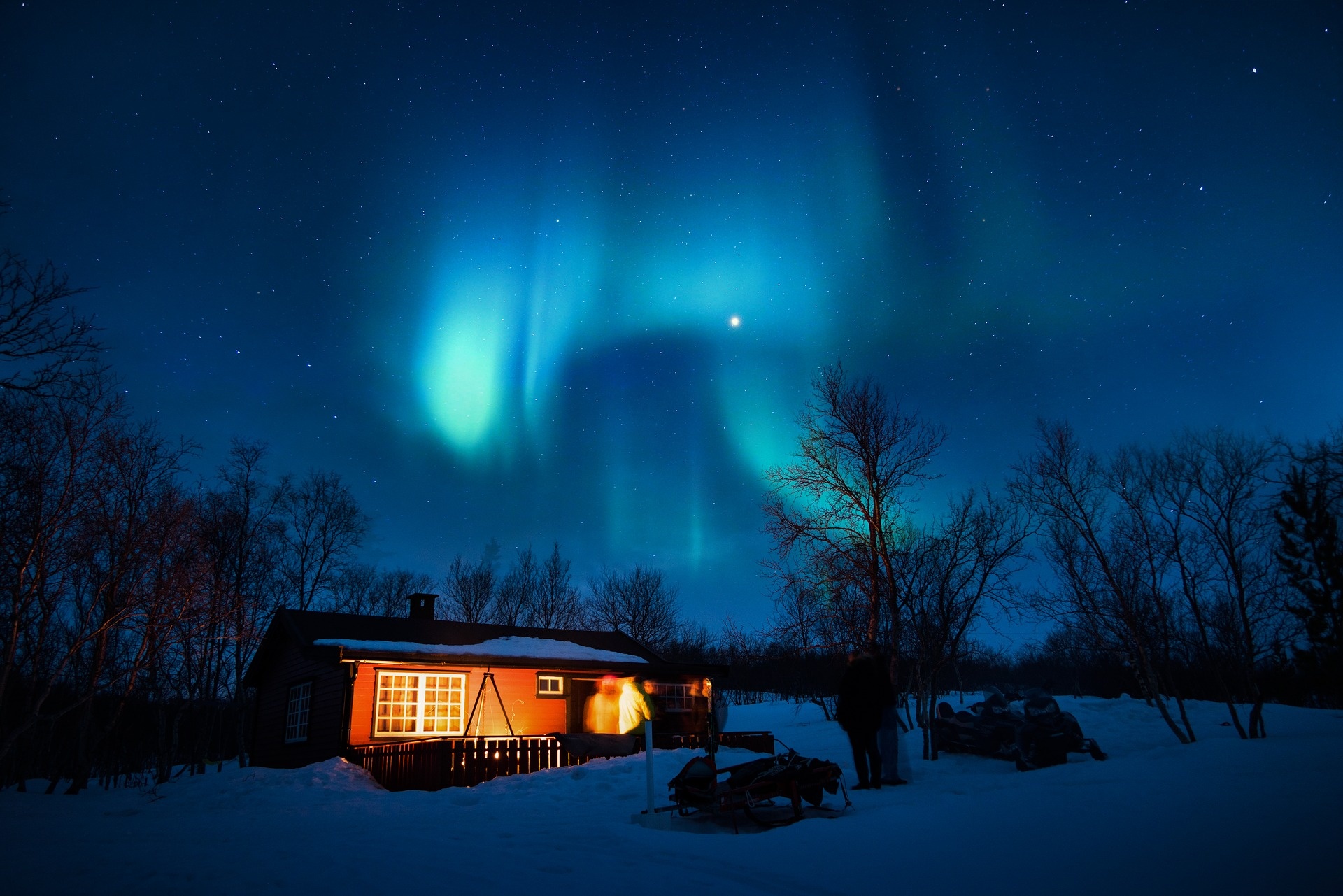 Aurora Borealis night sky, Illuminated wooden winter cabin, Snowy northern landscape, HD Desktop wallpaper