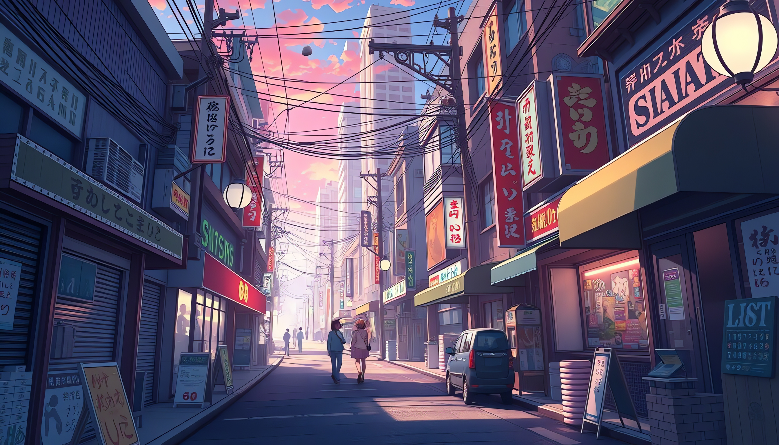 Anime Japanese Street, Power Lines, Pink Evening Sky, HD Desktop Background, 2688x1536