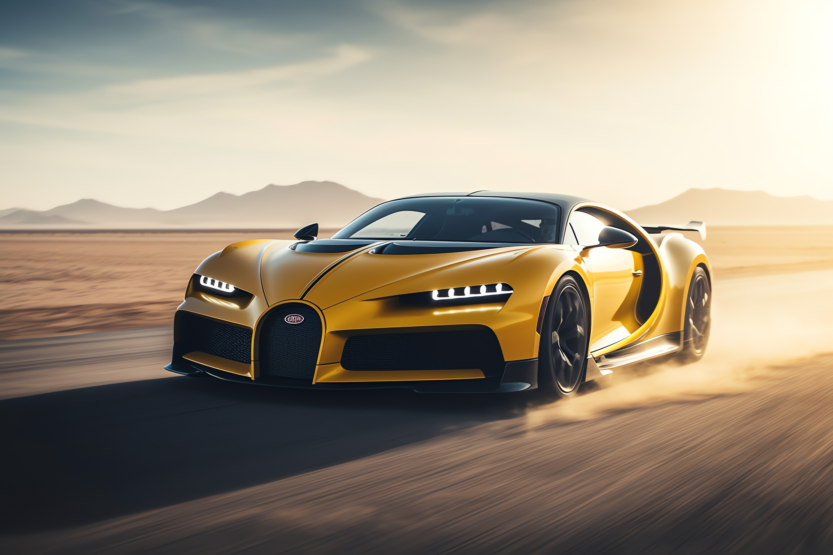 Yellow Bugatti, Desert, Dubai 2690x1800