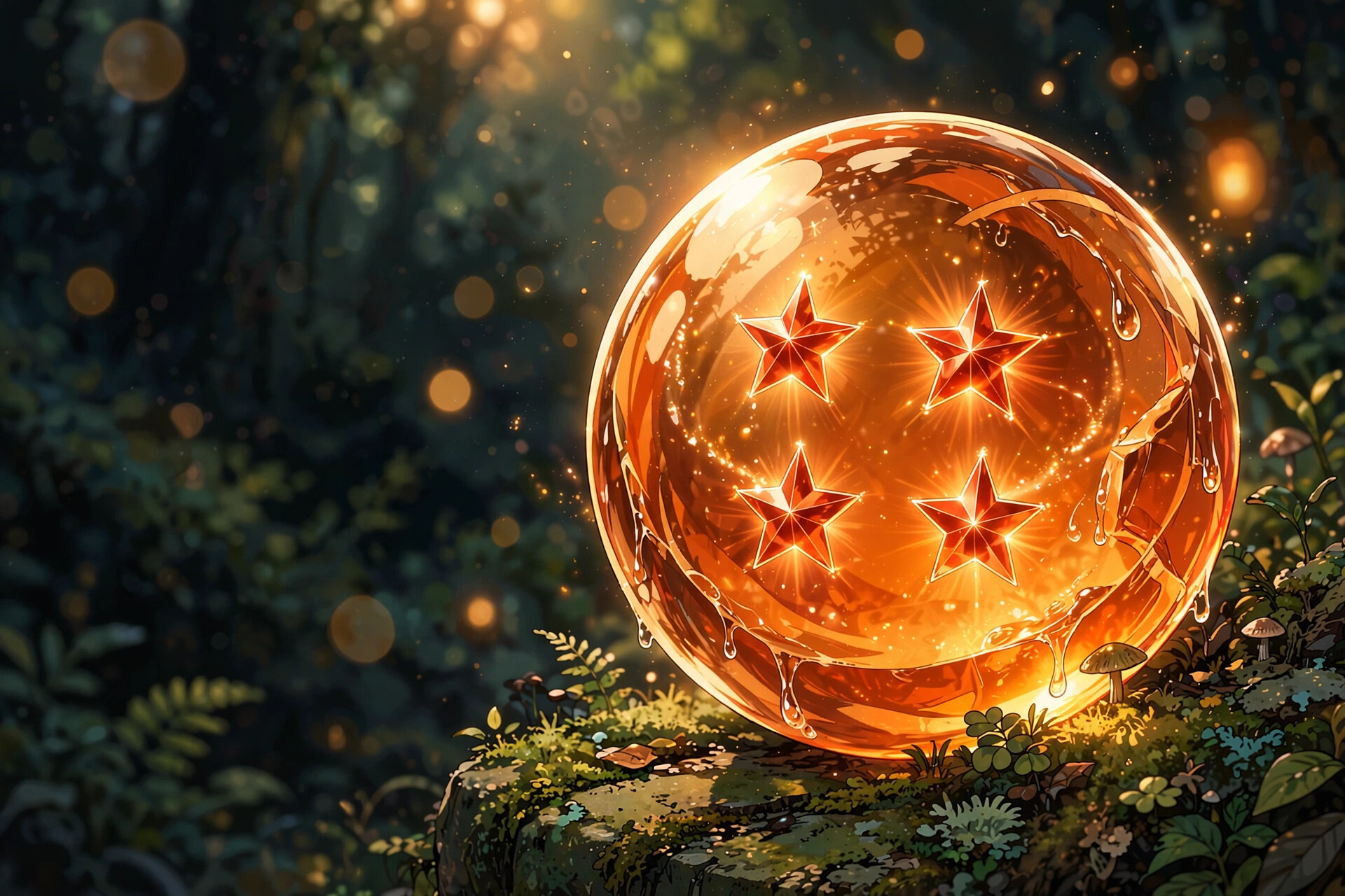Four-Star Dragon Ball, Four red stars, Glowing orange sphere, Mossy stone, Forest bokeh, HD Desktop wallpaper