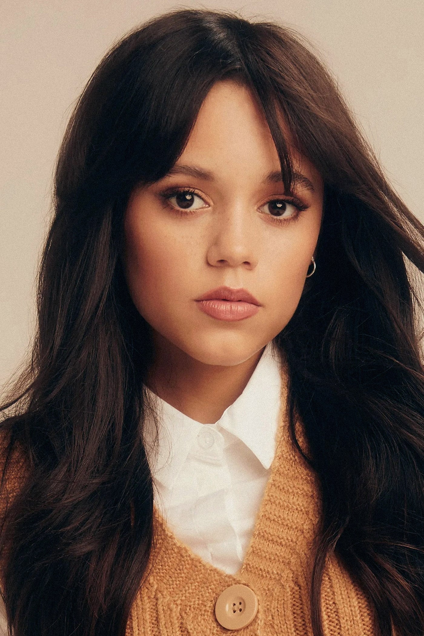 Jenna Ortega, tan knit cardigan, white collared shirt, HD Phone wallpaper