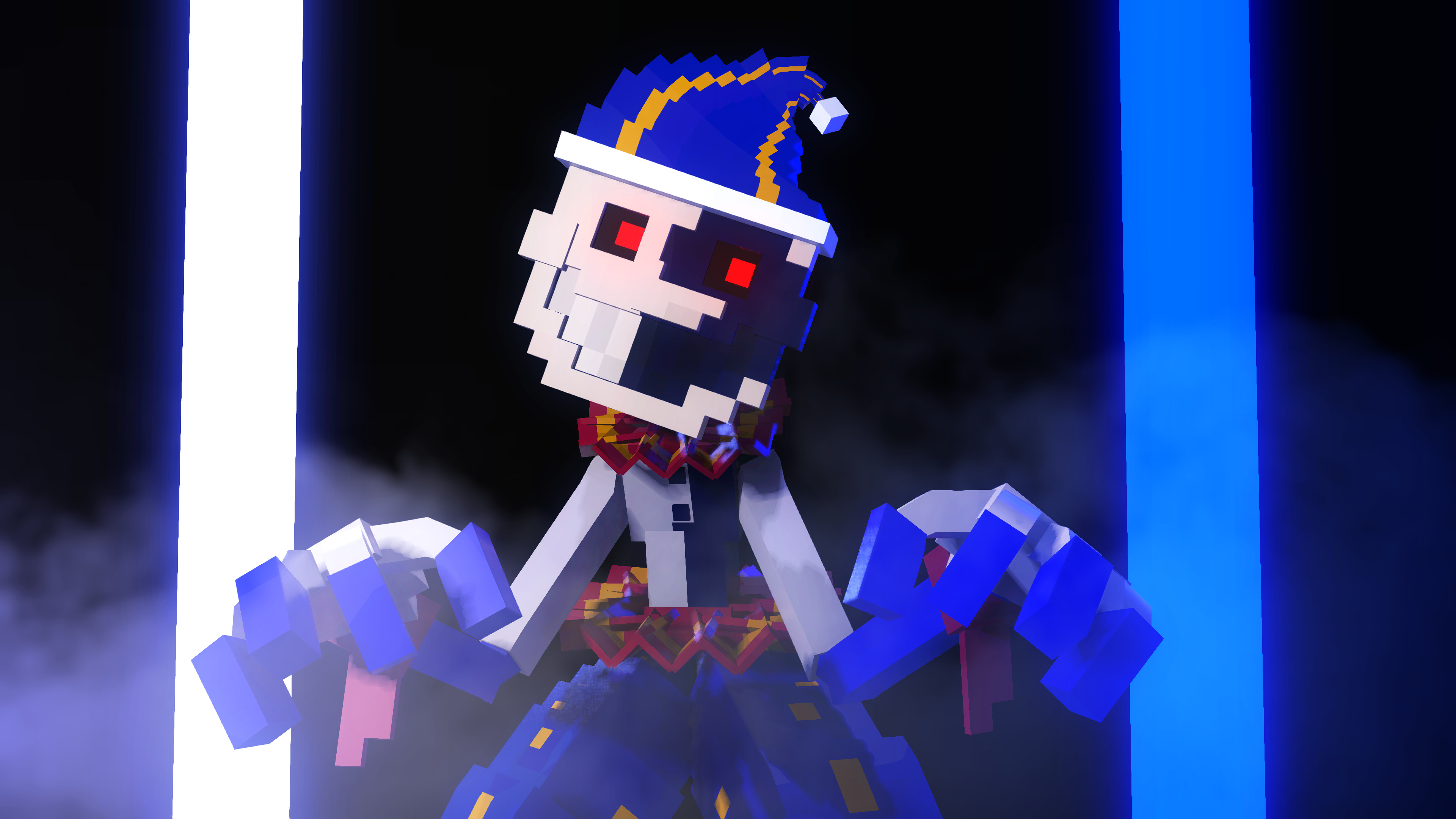 Moondrop Daycare Attendant, Voxel Moondrop model, Glowing blue neon lights, 4K Desktop wallpaper