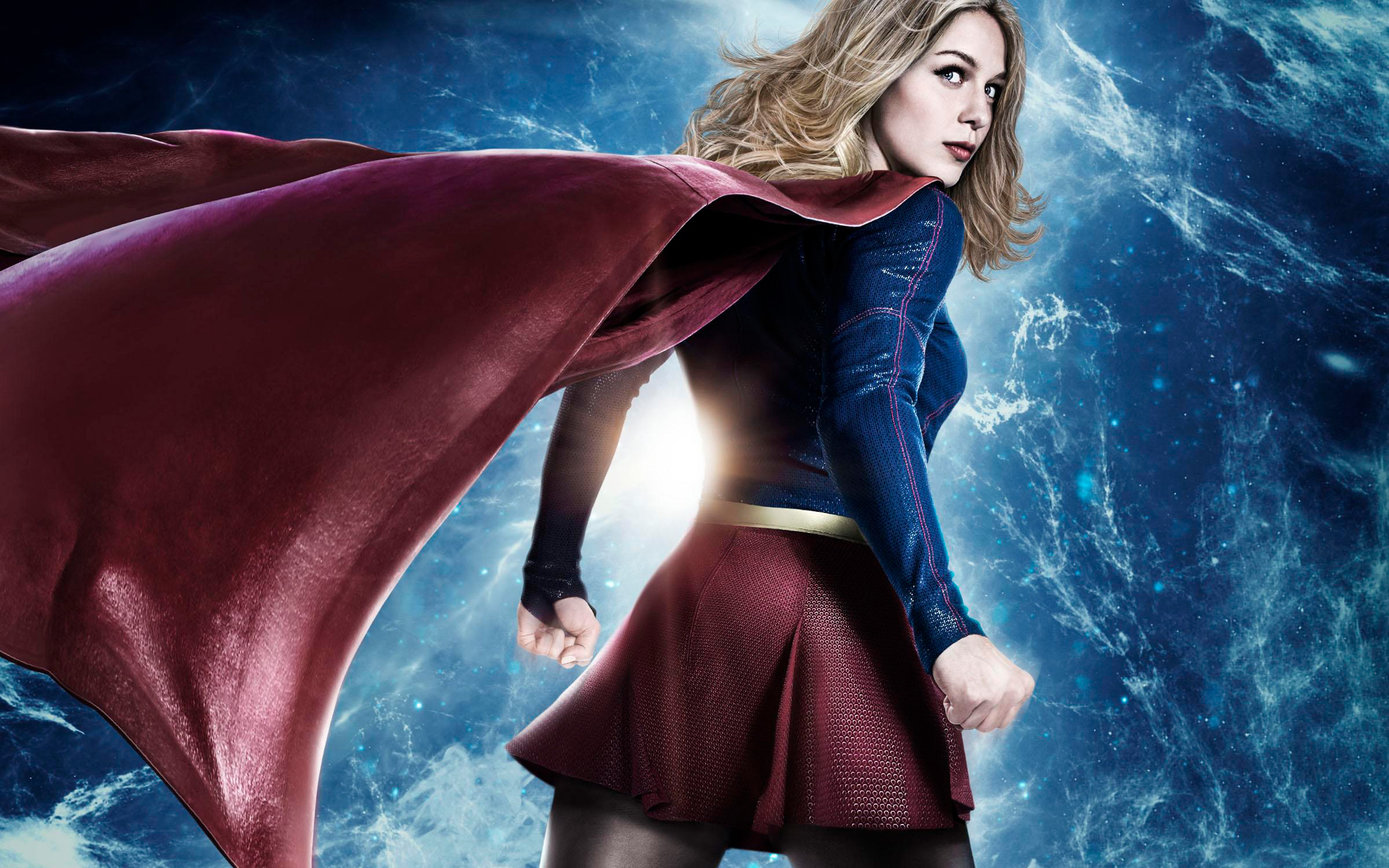 Melissa Benoist as Supergirl, Flowing red cape, Cosmic nebula background, HD Desktop wallpaper