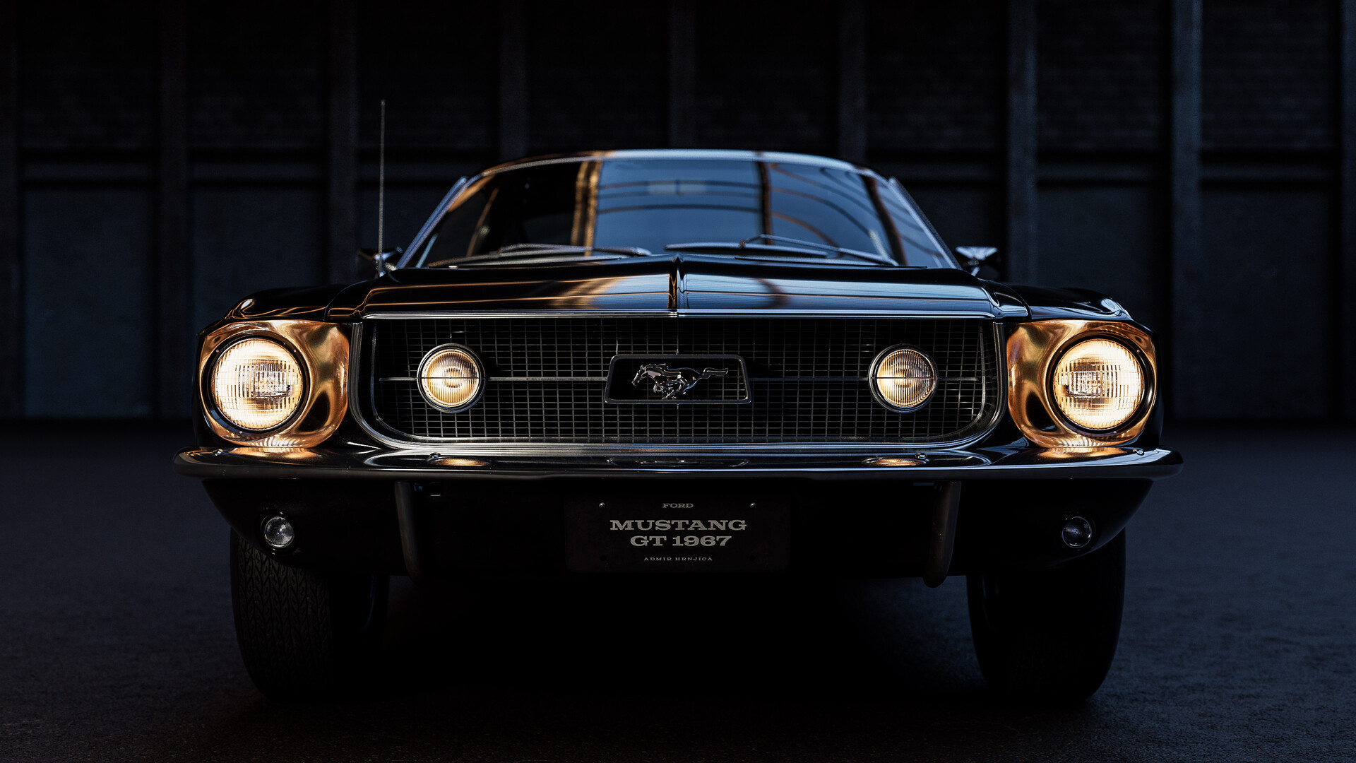 1967 Ford Mustang GT, Illuminated round headlights, Dark studio setting, Full HD Desktop wallpaper