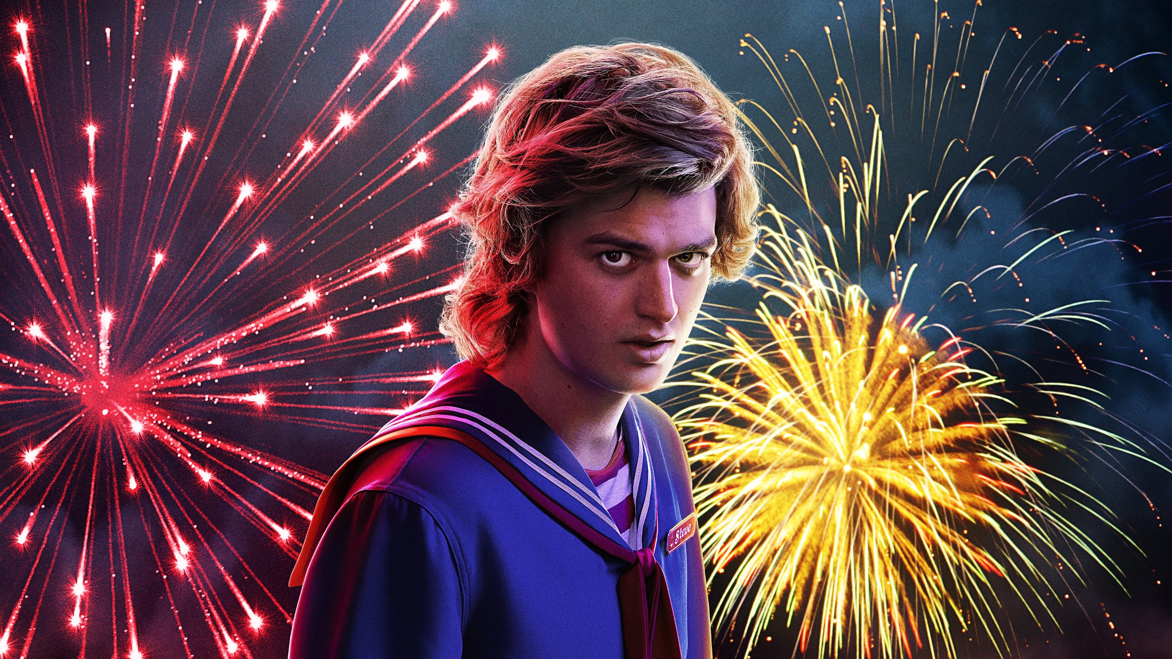 Steve Harrington, Stranger Things Season 3, Scoops Ahoy sailor uniform, Fourth of July fireworks, 4K Desktop wallpaper