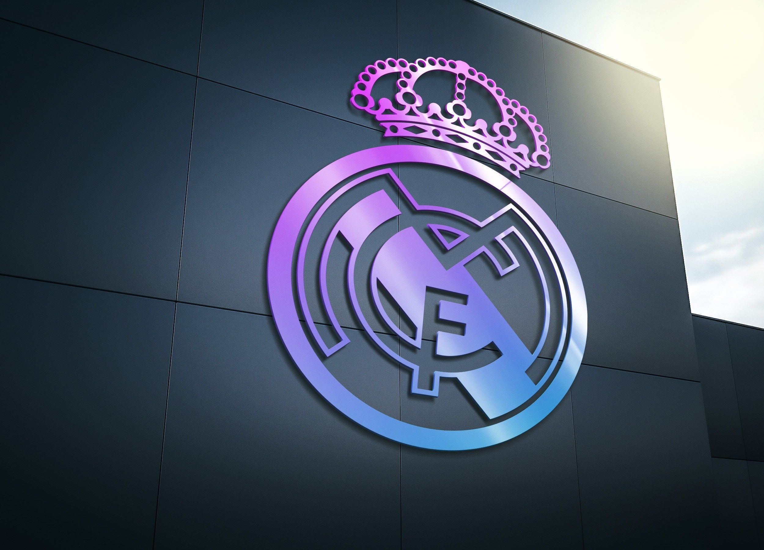 Real Madrid CF crest, iridescent metallic finish, dark architectural facade panel, HD Desktop wallpaper