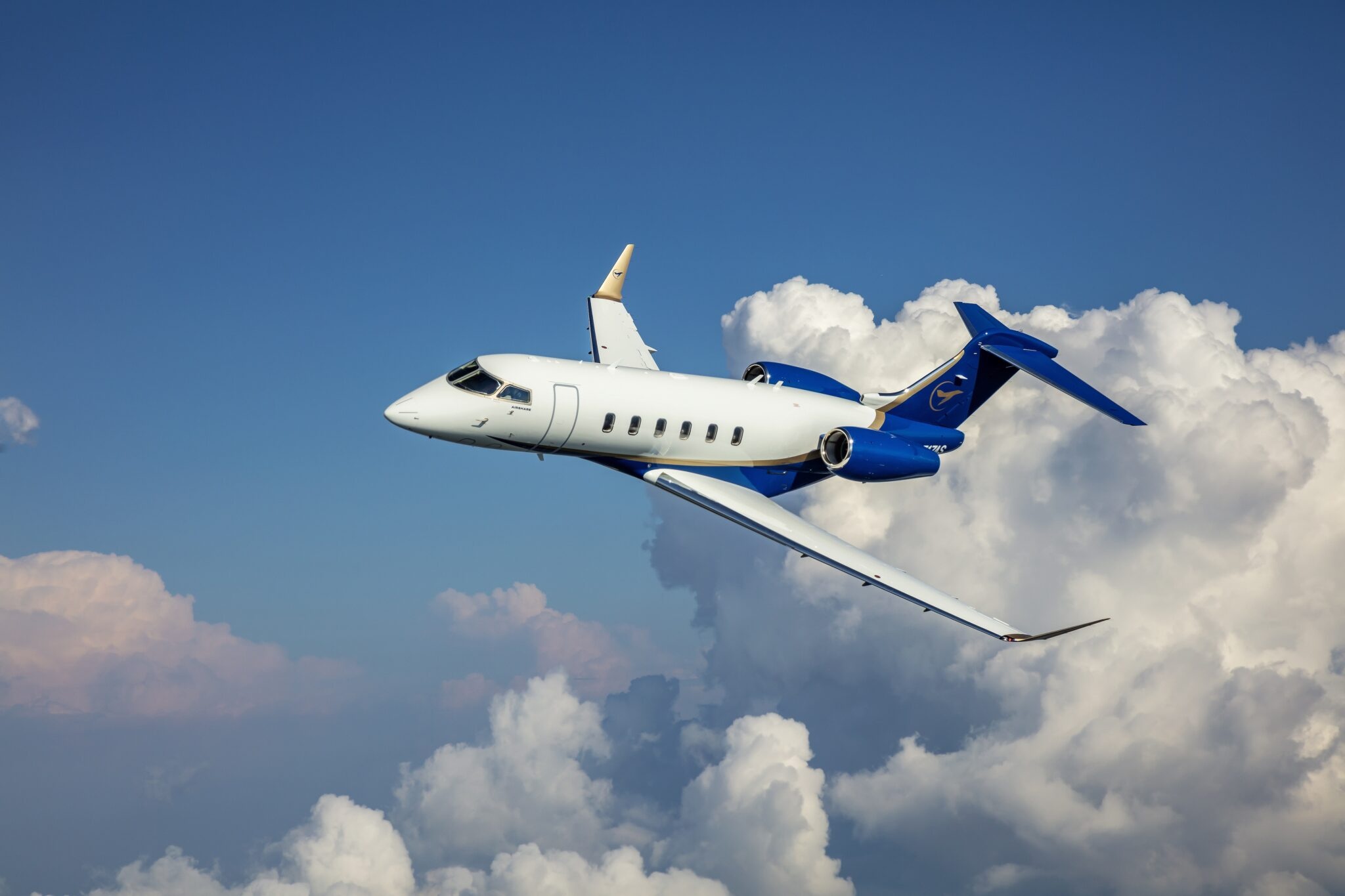 Embraer Legacy 500, Cumulus cloud bank, Deep blue sky, HD Desktop wallpaper