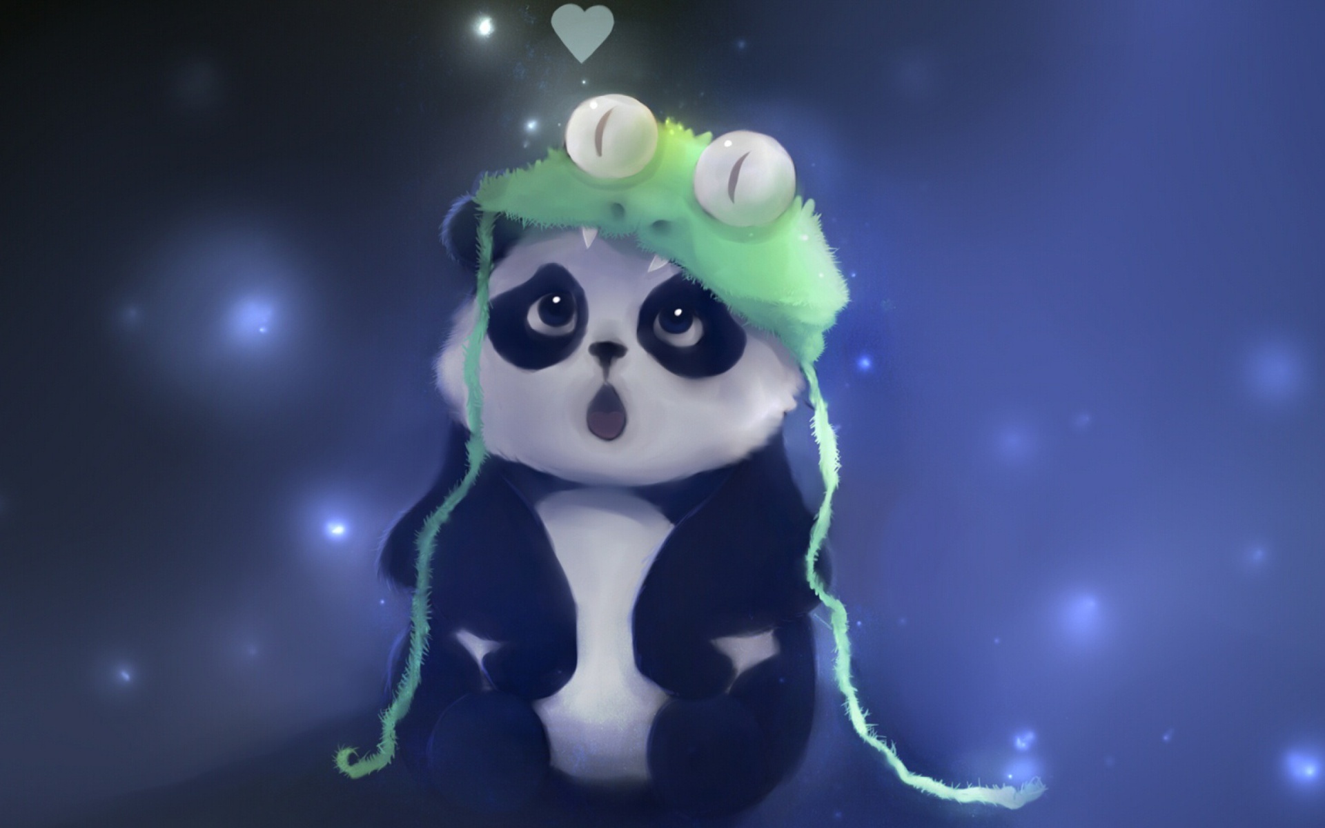 Cute cartoon panda cub, Green frog knit beanie, Glowing bokeh particle background, HD Desktop wallpaper