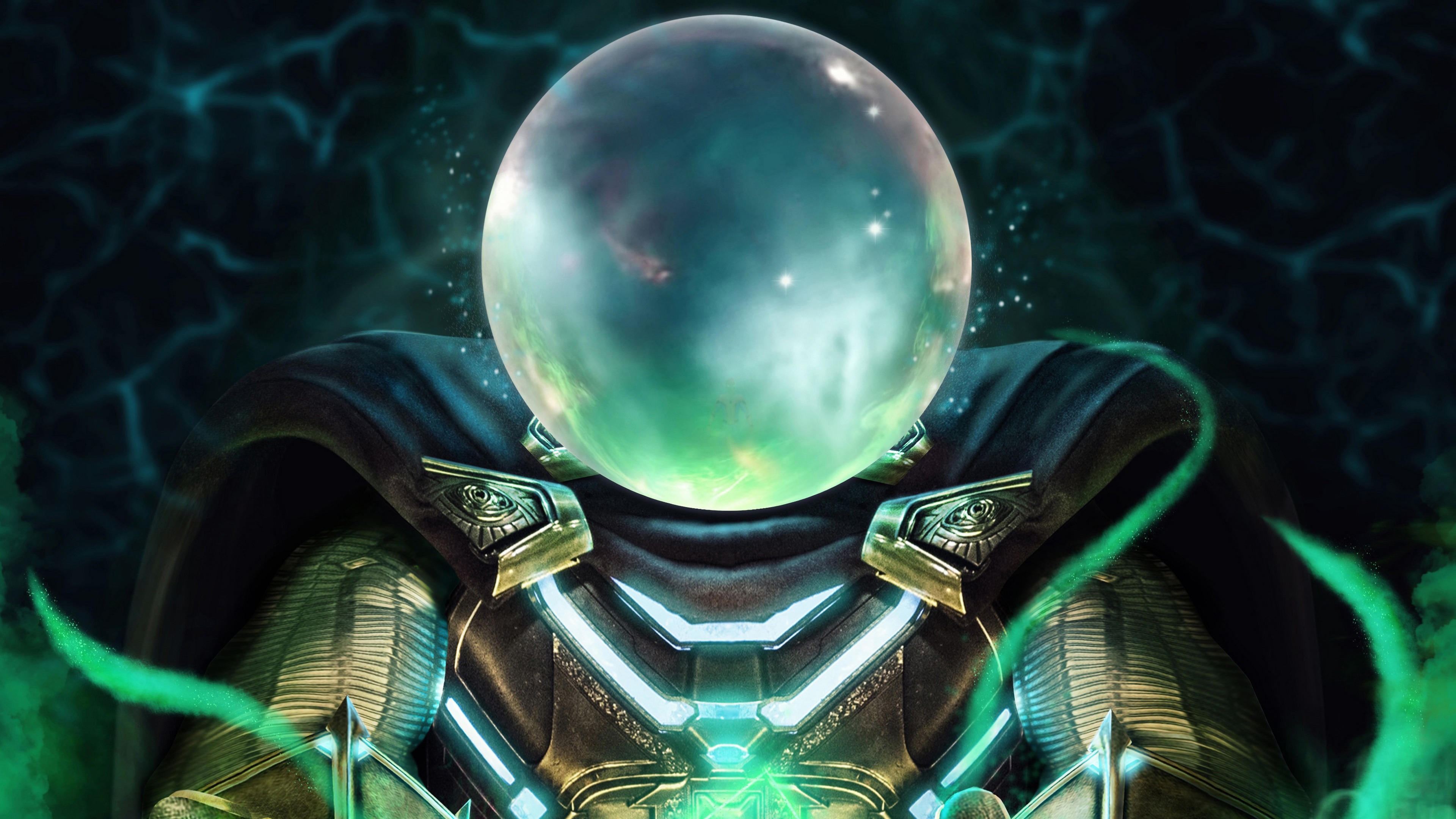 Far From Home, Mysterio, Fishbowl helmet, Green smoky background, 4K Desktop wallpaper