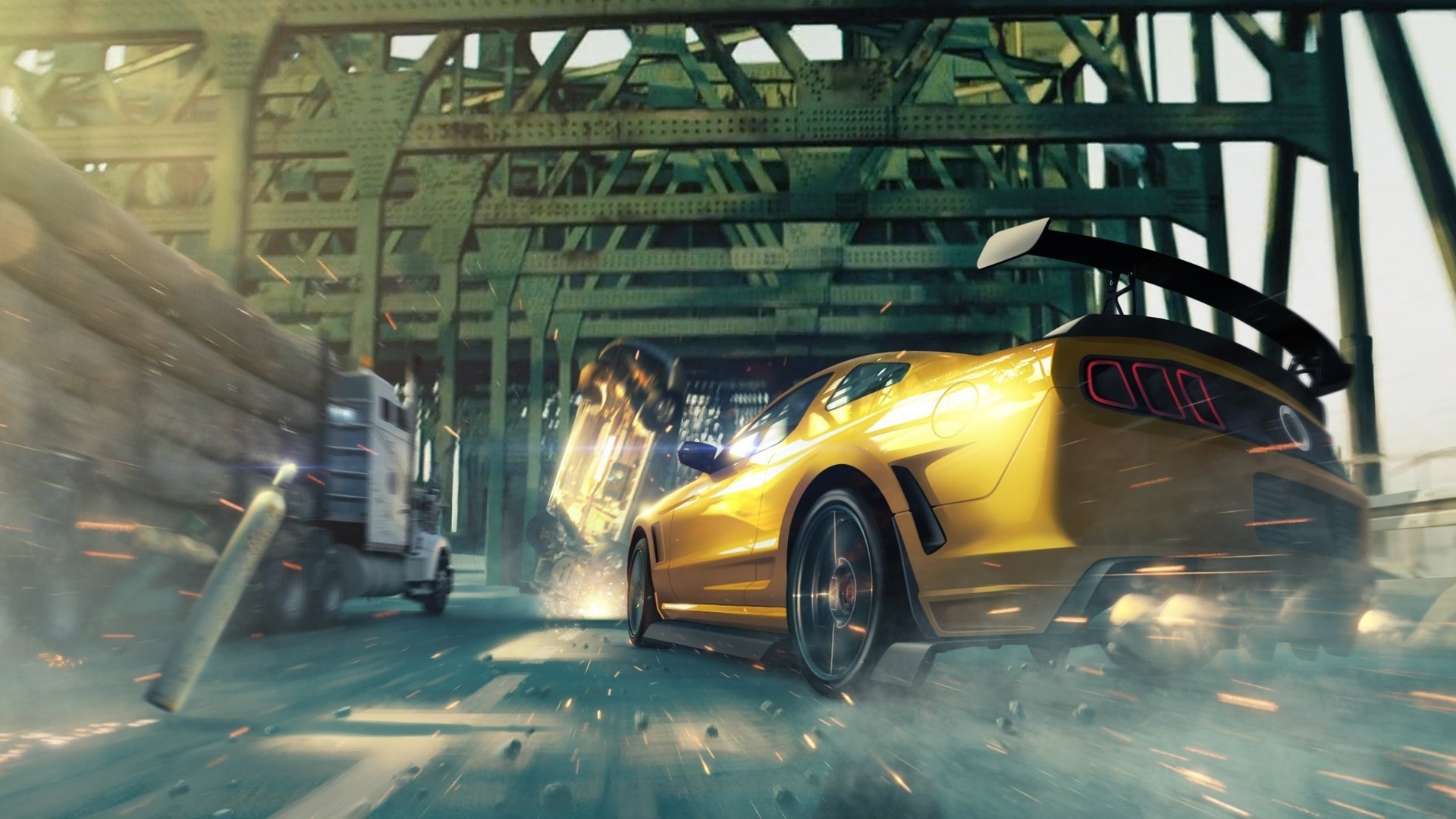 Ford Mustang Boss 302, flipping police cruiser, logging semi-truck, steel truss bridge, Full HD Desktop wallpaper