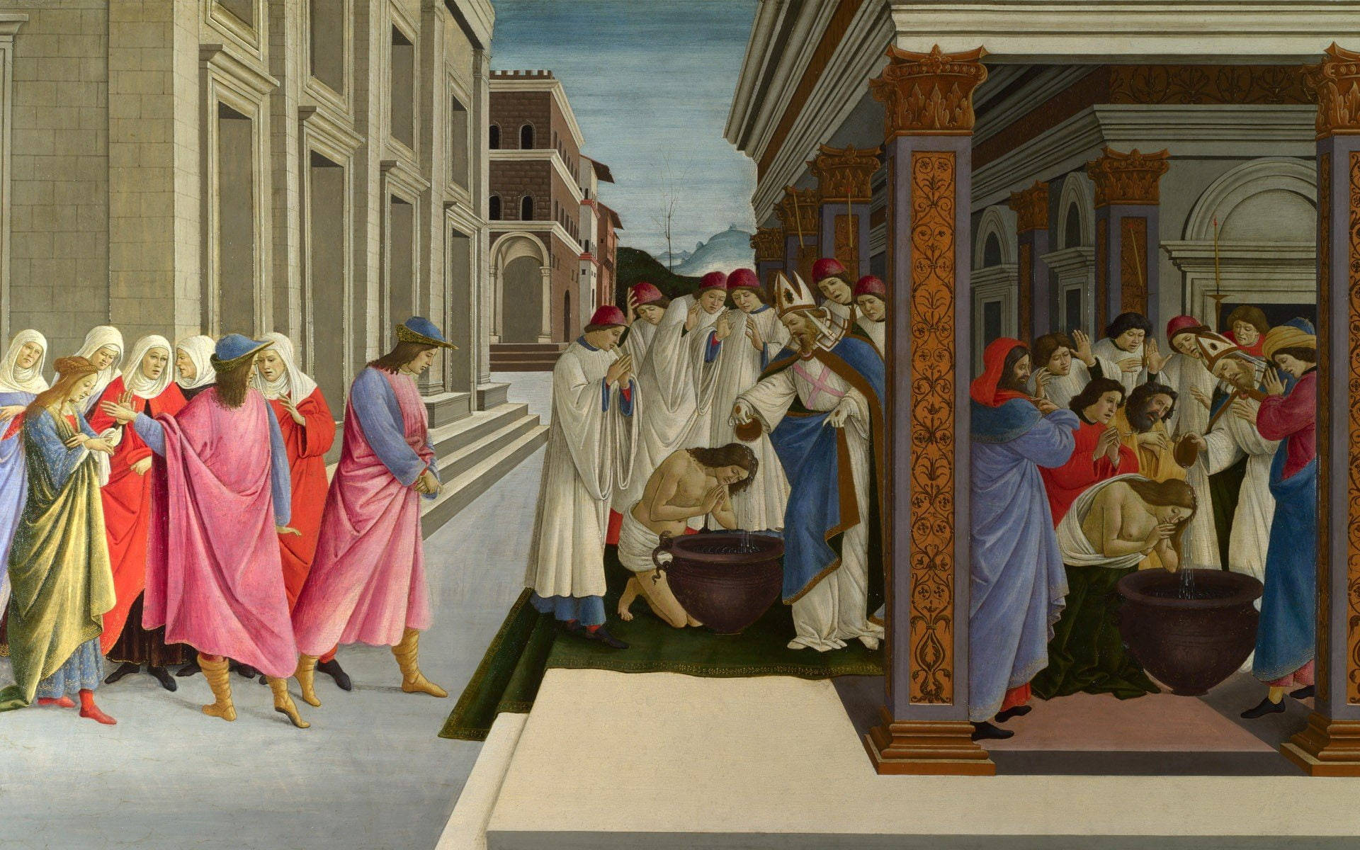 Scenes from the Life of Saint Zenobius, Saint Zenobius baptism, Sandro Botticelli tempera painting, HD Desktop wallpaper